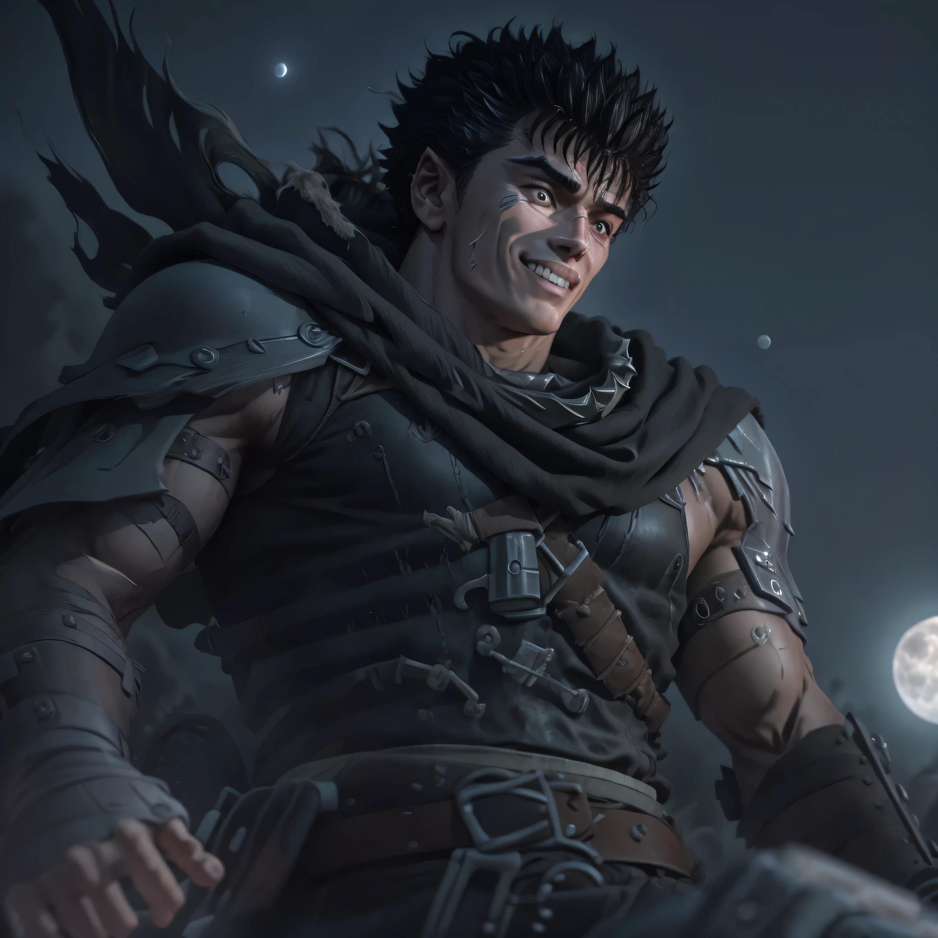 full body image of guts \(berserk\), 1boy, massive black hair, smiling, teeth, closed mouth, looking at viewer, male focus, fantasy background, scar on face, scar on nose, scarf, short hair, solo, muscular upper body, weapon on back, moon, clear night, sword on back, traditional media, photo-realistic, octane render, unreal engine, ultra-realistic