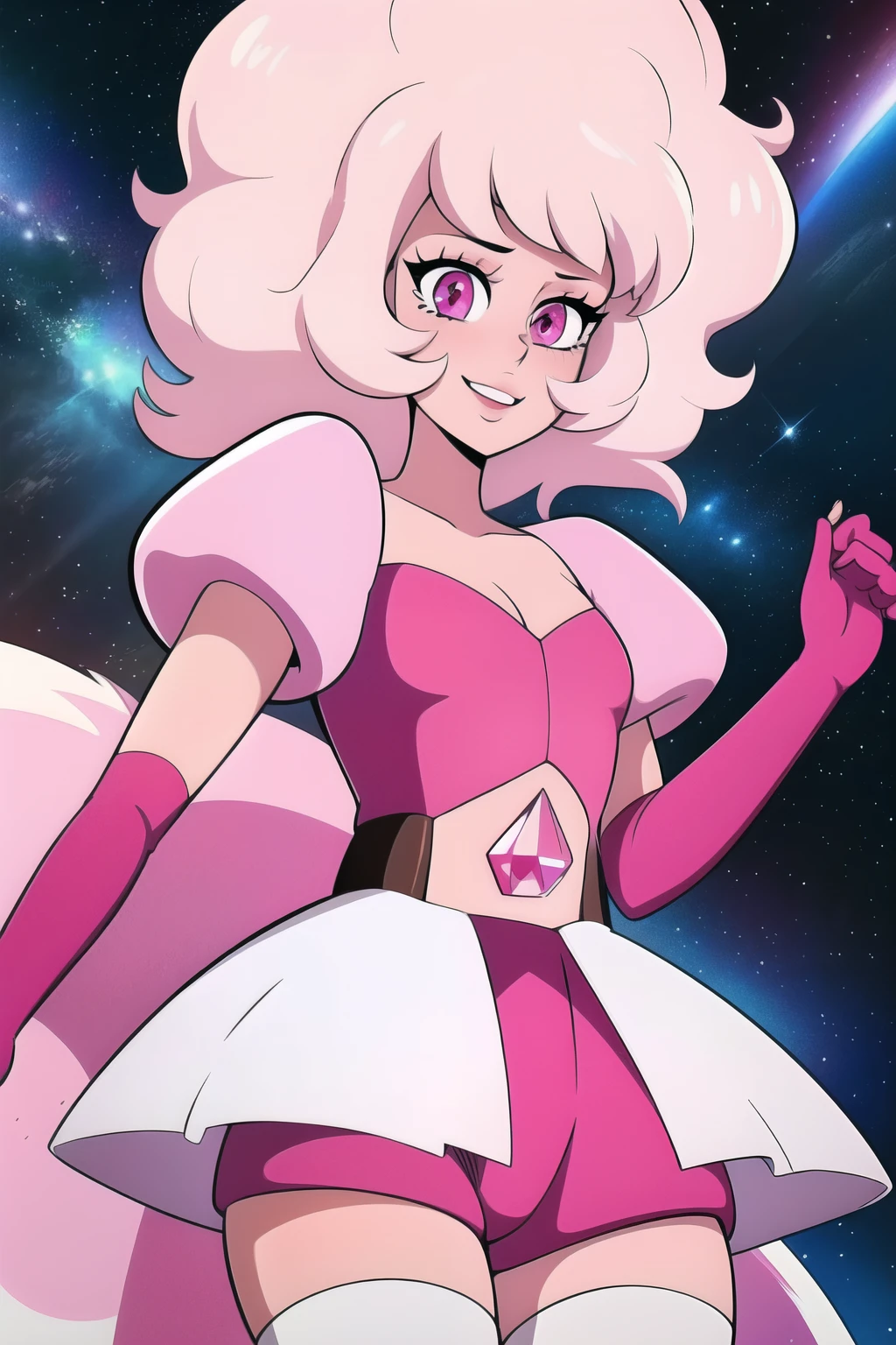 pnkdamond, pink hair, pink eyes,  big hair,  stomach gem,  pink skin,  toned, 
puffy short sleeves, elbow gloves ,  white thighhighs,   puffy dress, 
standing, upper body, 
 outerspace,  
(insanely detailed, beautiful detailed face,beautiful detailed eyes, masterpiece, best quality) cinematic lighting,  smile, 
 