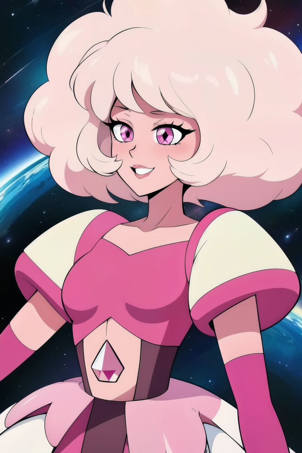 pnkdamond, pink hair, pink eyes,  big hair,  stomach gem,  pink skin,  toned, 
puffy short sleeves, elbow gloves ,  white thighhighs,   puffy dress, 
standing, upper body, 
 outerspace,  
(insanely detailed, beautiful detailed face,beautiful detailed eyes, masterpiece, best quality) cinematic lighting,  smile, 
 