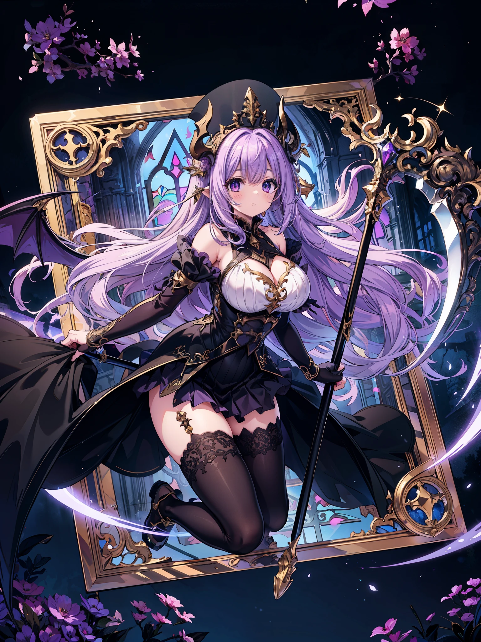 (masterpiece), best quality, highly detailed, a sexy demon lady in priestess outfit and bishop's mitre holding a scythe, ((run out from a huge vertical ornate window frame)), light_purple_hair, cleavage, thighs, thighhighs
