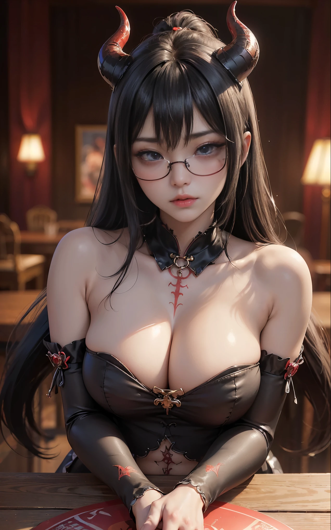 Understoodですかですか、(best illustrations)、8k UHD resolution、intricate details、highest quality、realistic、Super detailed、best lighting、best shadow、soft lighting、ultra hd、超realistic、Tyndall effect、Photoreal、(high detail skin:1.2)、 (intricate details, compensate, face to face with the ren_v1:0.5), (Understood, beautiful and delicate face, Understoodですか, beautiful and delicate eyes, perfectly proportioned face, high resolution skins, fine skin, Optimal ratio of 4 fingers and 1 thumb, arm under chest, red tattoo on lower abdomen、Wow wow, wide hips, smooth abdomen, thin and thin skin, __fashion__, __hair__:1.25)、Digital single-lens reflex camera、 absurd、(table top: 1.3), (maximum resolution: 1.2), (ultra hdTV: 1.2), cinematic light, fine eyes and skin, detailed facial features, , (sharp focus: 1.2), (focus on the face:1.2),perfect style, beautiful face, acura, anatomically correct, Highly detailed face and skin texture, fine eyes, double eyelid, thin eyebrows, glitter eyeliner: 1 natural cheeks, Glossy skin, Fair skin: 1.2, (glossy lips: 1.4),(embarrassed look: 1.2),Highly detailed face and skin texture, fine eyes, double eyelid, natural cheeks, glossy lips: 1.4,exposed cleavtching。charm、 Beautiful devil woman from hell, デヴィッド・ホックニーとアルフォンス・ミュシャによる超realistic女性の肖像画, charm女性の肖像画、fantasy art, Chinese humanoid robot、chinese actress、dungeon、dragon、devil'palace of、devil'torture chamber、night、dark style 、in the dark、(detailed spooky background:0.8), magic、 1 girl、evil nun、dark necromancer、Succubus、devil'Daughter of、Shinonome Umi、bat wings,(((devil'Horn)))、 ((((giant glasses, otaku glasses, thick glasses, round glasses)))),(((big breasts))9;tail)、(red eyesは光り輝いて:1.6)、red eyesは非常に鮮明で詳細です, your eyes are so beautifully made, ((red eyes:1.0)),intricate tattoo, demonic intricate tattoo, thigh tattoo, body tattoo, masterpiece、最もbeautiful face、baby face、cute smile、beautiful plump red lips、筋肉のcharm体、devilのcharm体、devil style、charmブラックマジックコスチューム、The long-haired、Braid、Black hair、Ponytail distortion、, Ponytail with a bow tied at the back of the hair, beautiful expression、body up、big breasts強調、bust, supest, Breast augmentation surgery, Breastvery big and round,tight waisass、 secret key, cowboy lens, (black phoenix dre 1.0), devil crown, Red Gemstone Necklace、Jewelry G Wise, Please wear black mesh socks,wearing light red、nffsw, nffsw, Meeting beautiful girls, look at the girl'Main body,