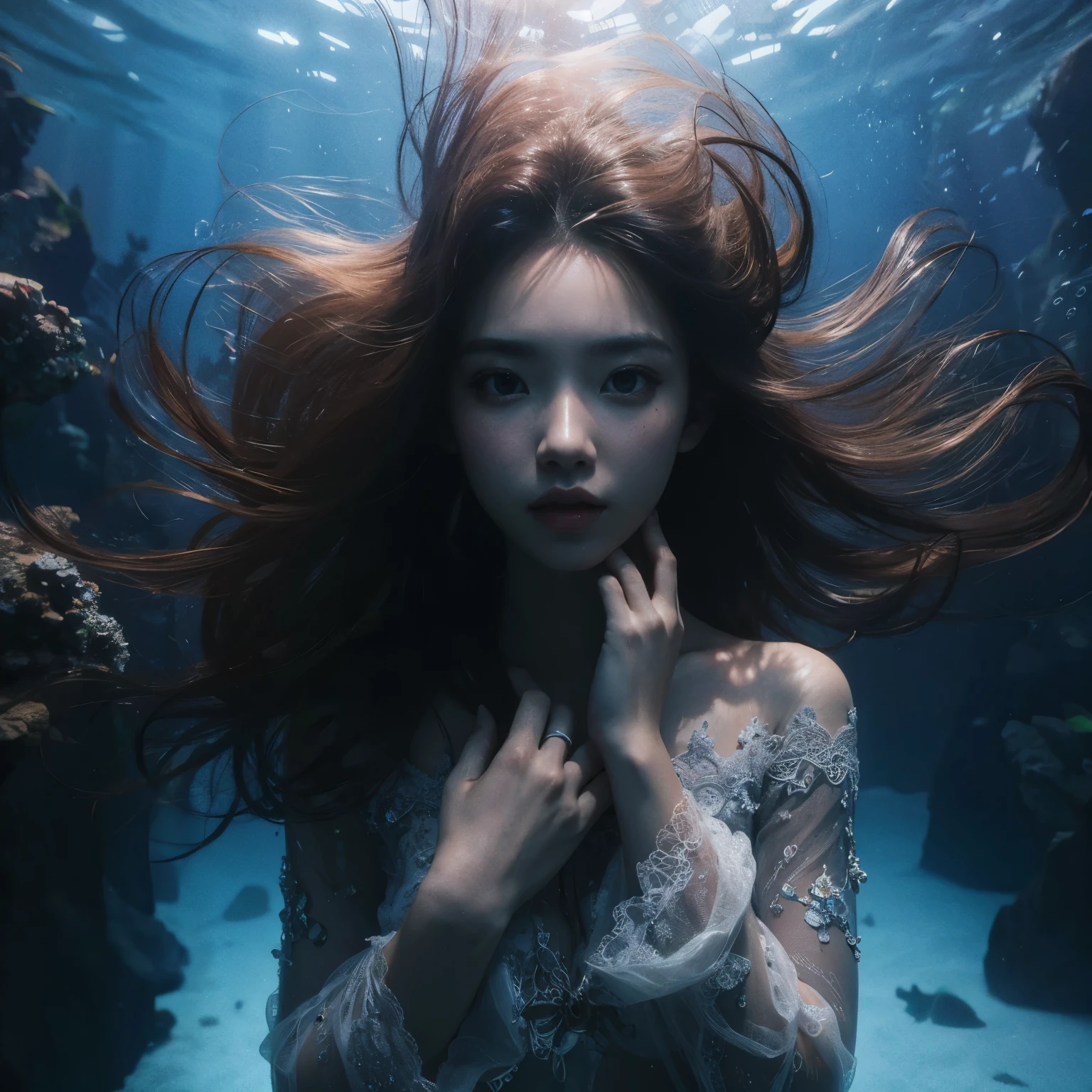 ((realistic underwater photography)) (very sharp photo result, full body desaturated photo) (((textile shading))), (((Best Quality))), (((masterpiece))), (((hyper realistic photo))) indonesian 18-years old girl, detail face, long hair, deep diving inside deep trench blue ocean (((bi))), ((striking a pose)) beautiful underwater detail environtment. magical feeling, deep blue dark tone, correct anatomy, correct fingers & toe, taken with hasselblad camera, medium format