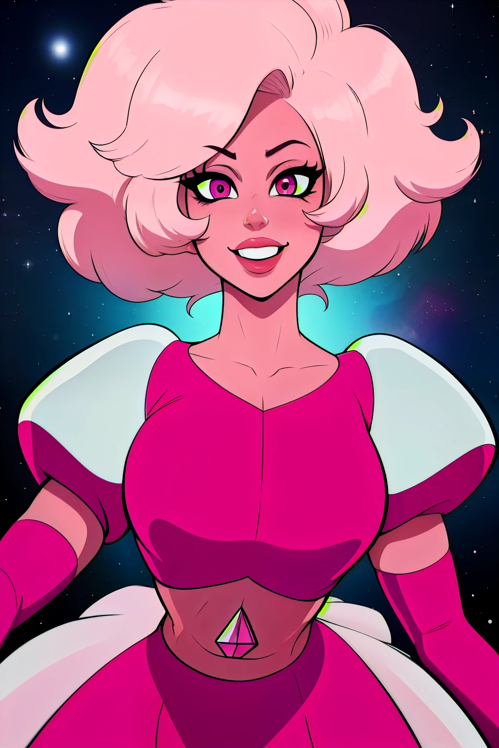 pnkdamond, pink hair, pink eyes,  big hair,  stomach gem,  pink skin,  toned, 
puffy short sleeves, elbow gloves ,  white thighhighs,   puffy dress, 
standing, upper body, 
 outerspace,  
(insanely detailed, beautiful detailed face,beautiful detailed eyes, masterpiece, best quality) cinematic lighting,  smile, 
 