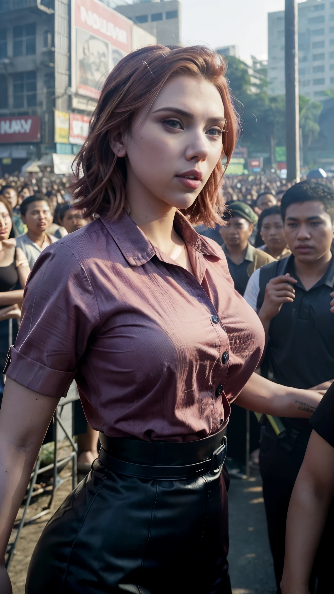  Scarlett Johansson face, hyper realistic, ((Scarlett Johansson)), ((100% Scarlett Johansson accurate face)), outdoor Indonesia, ((big crowd)), ((busy outdoor)) 