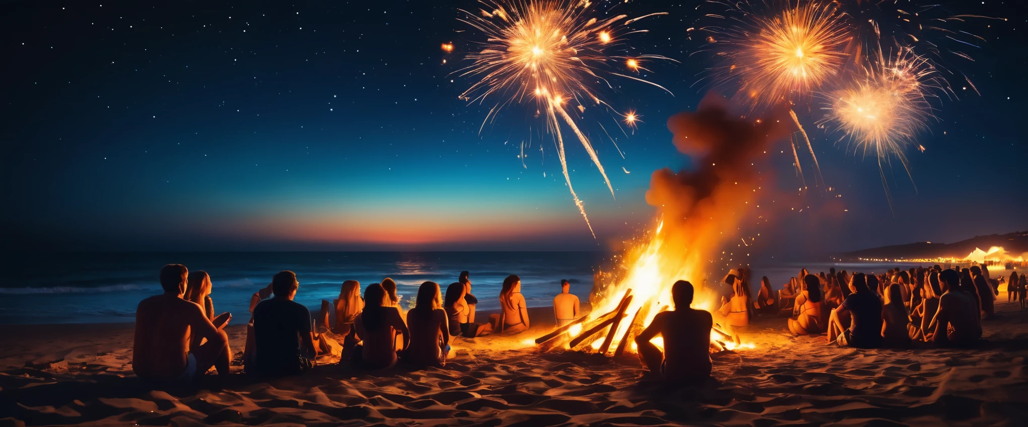 realistic photo, Masterpieces, dark night on the beach, beach party, sand, sea, starry sky, big bonfire, sparks from the bonfire, lots of young people having fun to music, big party, raw photo, vivid colors