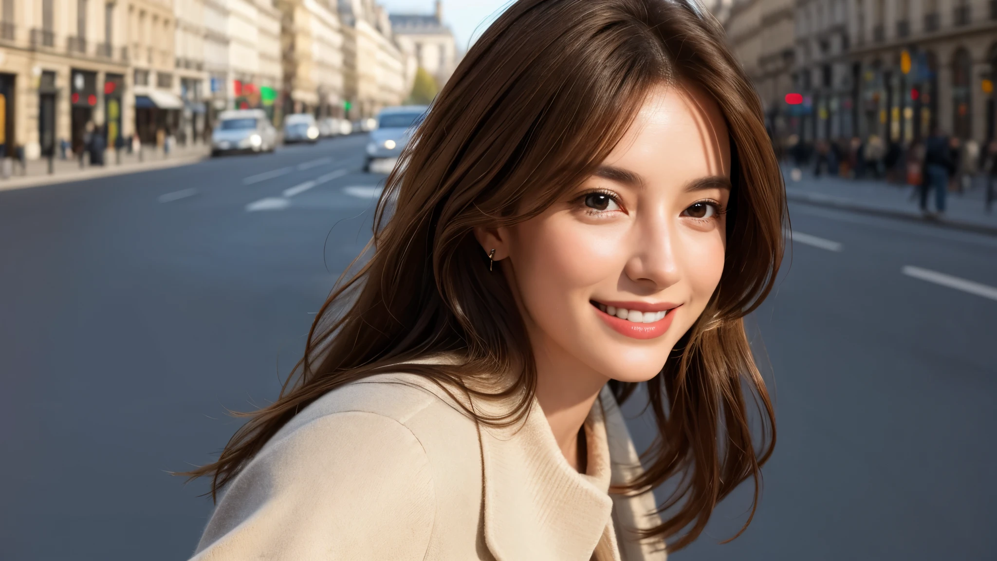 masterpiece, Best Quality, Photorealistic, Ultra-detailed, finely detailed, High resolution, 8K Wallpaper, 1 beautiful woman, light brown hair, sharp focus, Perfect dynamic composition, Beautiful detailed eyes, detailed hairs, Detailed realistic skin texture, Smiling, portrait, Model body type, Take a walk along the street of Champs-Élysées Avenue,
