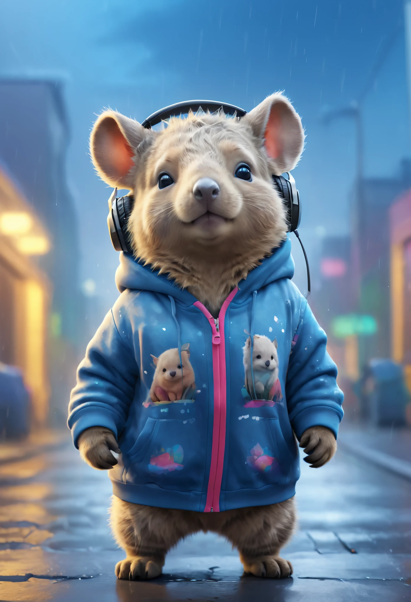 Cute  Australian wombat baby with fluffy fur wearing urban outfit, one hoodie and headphones, The background is modern and inorganic, Adorable Digital Painting, 3d rendered, Bright lighting, Vibrant colors,  outside and raining