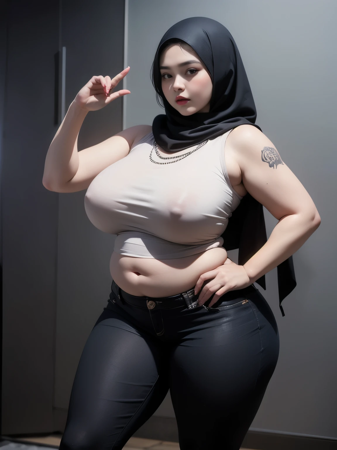 ((best quality)), ((masterpiece)), (detailed), perfect face, araffe woman thick and thight long pants posing for a picture, curvy model,, curvy hourglass figure, sexy longest hand t-shirt, thicc, beautiful full body shot, soft curvy shape, in a longest hand t-shirt, a beautiful woman open legs , bbwchan, hairy vagina, armpits, there is a old woman posing in a dark room with a maroon burka clothes , 43 years old, thick body, beautiful thick female, wide hips, thick legs, she has a jiggly fat round belly, thick thighs, curvy hourglass figure, thicc, curvy model, widest hips, hyperrealistic full figure, bbwchan, voluptuous body, thick, tattooed body, tattooed hands, hena on arm, hena in belly, Burka girl, muslim clothes, 43 years old woman. Burka chubby woman, chubby cheeks, wearing a sneakers, bob hairstyle, thick neck, short neck, there is a woman random pose red-brown hijab, bbwchan, thicc, brown hijab outfit, brown hijab fashion model, korean girl, korean woman, wearing brown robe, full length shot, alluring plus sized model, japanese goddess, clothed in hooded, voluptuous and arousing, portrait shot, curvy model, voluptuous body, wonderful, nene tanaka body , bbwchan, The overall atmosphere is smooth , haunting illustrations, extremely high-resolution details, photographic, realism pushed to extreme, fine texture, 4k, ultra-detailed, high quality, high contrast, red sneakers , cold atmosphere ,, 8k resolution , ultra-detailed resolution , wearing shorts thight pants, random pose with full body , full body, diamond necklace , wearing a watch 