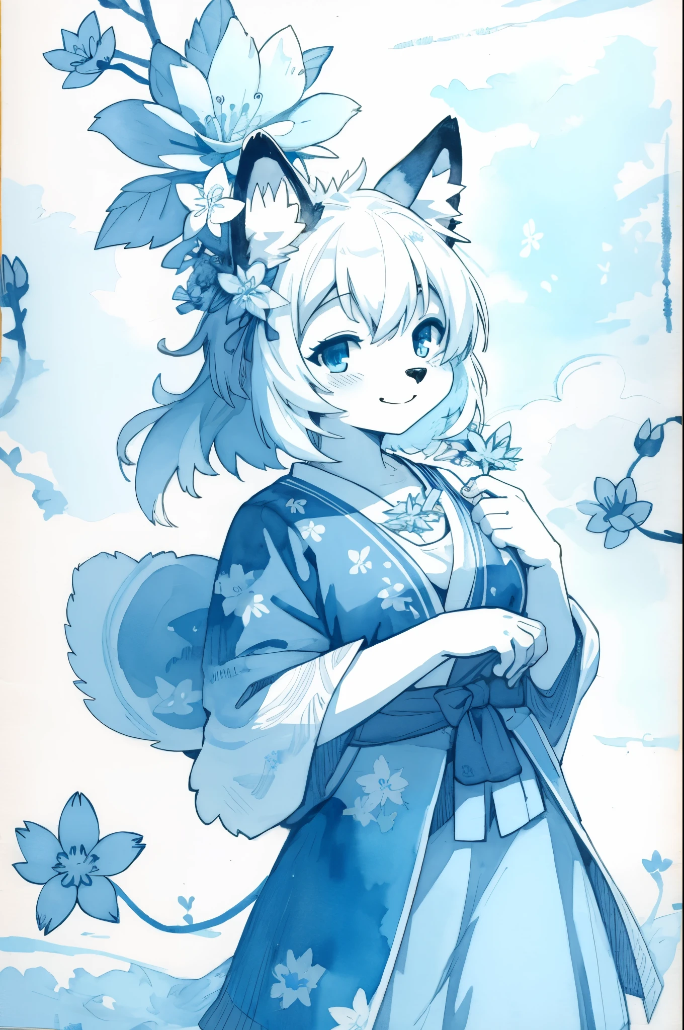 monochrome, watercolor, highres, top quality, best quality, paid reward available, High-quality illustrations, unparalleled masterpiece, perfect artwork, absurdres, 1girl, kemono, furry, detailed body fur, animal face, animal hand, Archaic Smile, holding a cluster of sky blue flower in both hands, which are positioned at chest level, She is wearing a simple ring on the ring finger of her left hand, unfocused spread of sky blue flower, fan-created work shared on platforms Pixiv or Twitter,