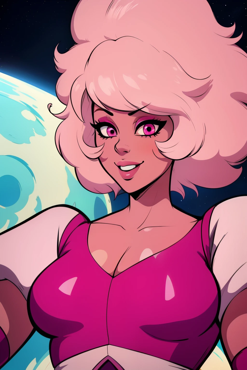 pnkdamond, pink hair, pink eyes,  big hair,  stomach gem,  pink skin,  toned, 
puffy short sleeves, elbow gloves ,  white thighhighs,   puffy dress, 
standing, upper body, 
 outerspace,  
(insanely detailed, beautiful detailed face,beautiful detailed eyes, masterpiece, best quality) cinematic lighting,  smile, 
 