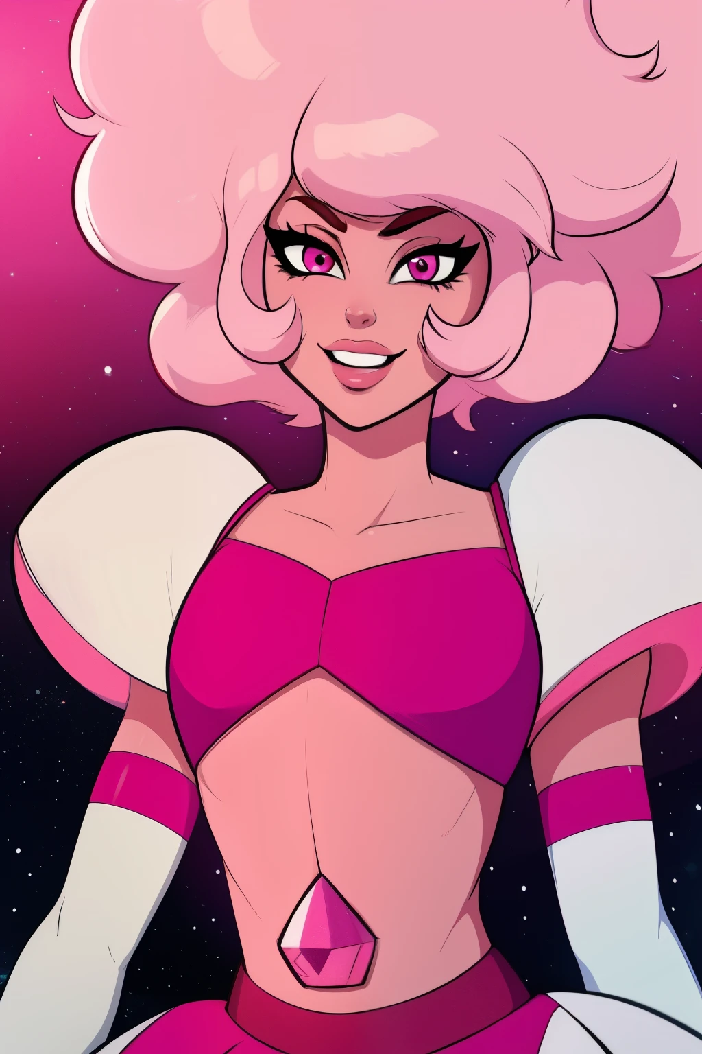 pnkdamond, pink hair, pink eyes,  big hair,  stomach gem,  pink skin,  toned, 
puffy short sleeves, elbow gloves ,  white thighhighs,   puffy dress, 
standing, upper body, 
 outerspace,  
(insanely detailed, beautiful detailed face,beautiful detailed eyes, masterpiece, best quality) cinematic lighting,  smile, 
 