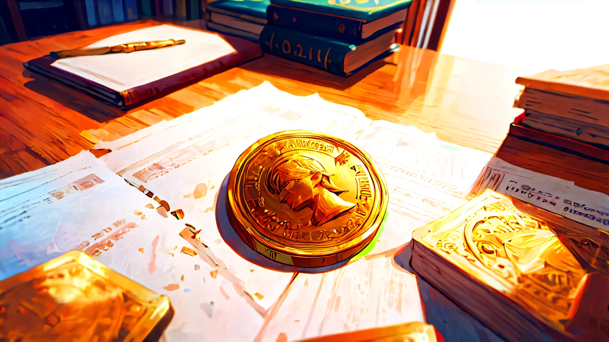 Found a coin on the table near the book.