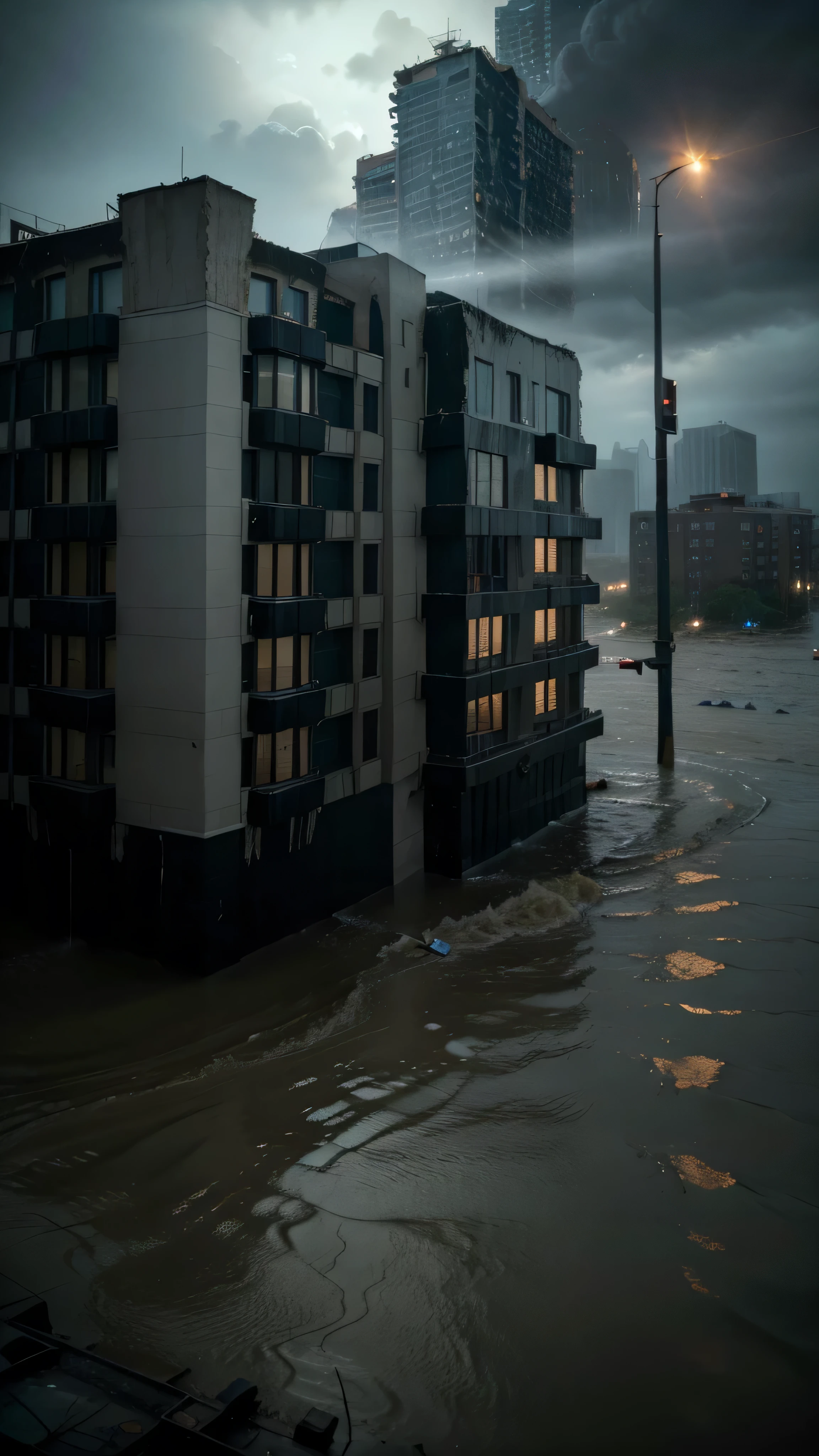 (Shot in 8K, Raw-Photo, best quality, ​masterpiece:1.2), A stunning photo of a city submerged in a catastrophic flood, capturing the raw power of nature's fury. The image depicts the aftermath of a torrential downpour, with water gushing through the streets and buildings partially submerged. The composition is meticulously framed, highlighting the chaos and devastation caused by the deluge. The intricate details of the submerged architecture, water cascading down walls, and floating debris add to the realism and sense of awe. The high-resolution captures every nuance and texture, immersing the viewer in the scene. The cinematic quality of the image is enhanced by the theatrical lighting, emphasizing the dramatic contrast between light and dark