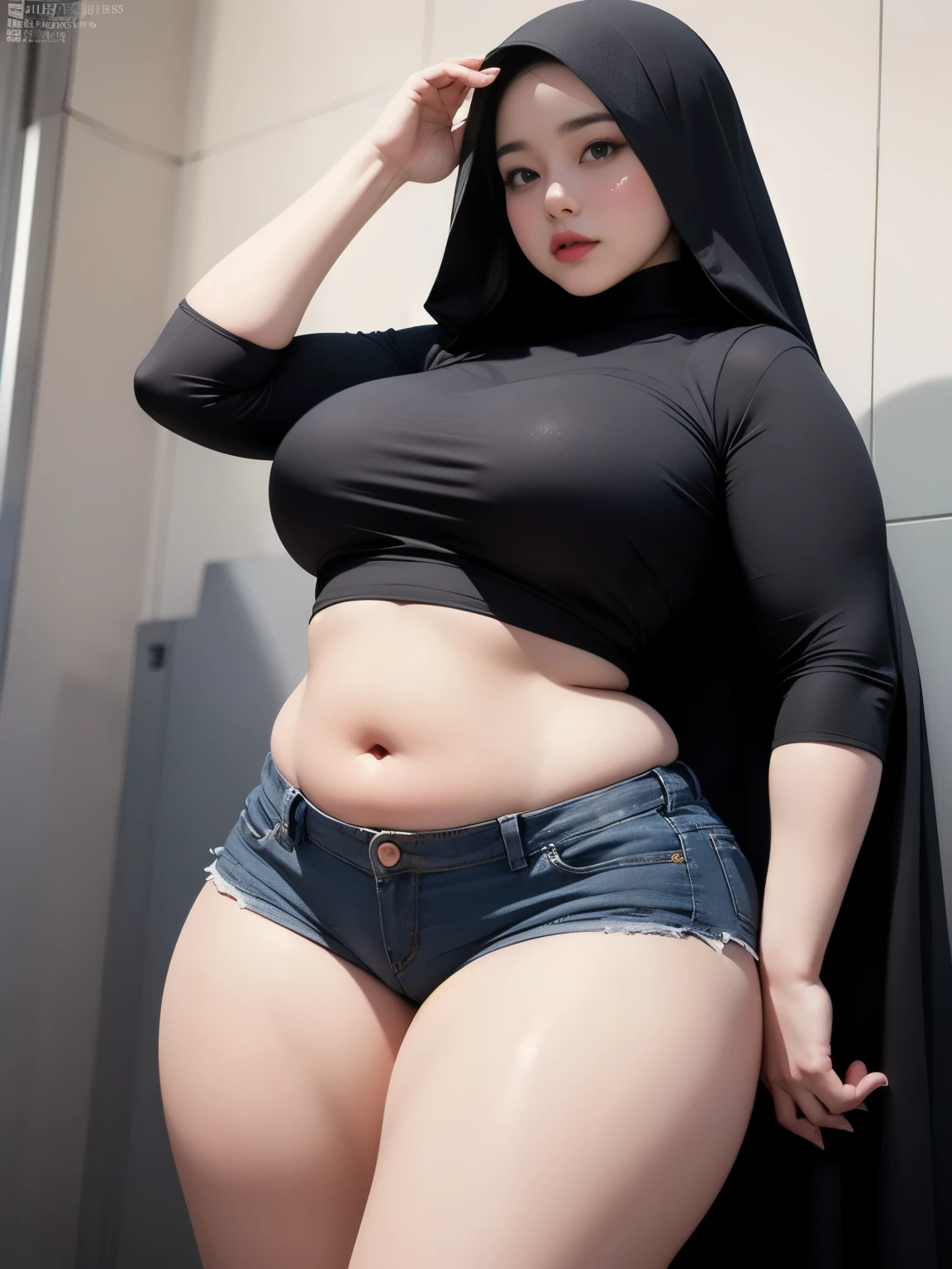 ((best quality)), ((masterpiece)), (detailed), perfect face, araffe woman thick and thight long pants posing for a picture, curvy model,, curvy hourglass figure, sexy longest hand t-shirt, thicc, beautiful full body shot, soft curvy shape, in a longest hand t-shirt, a beautiful woman open legs , bbwchan, hairy vagina, armpits, there is a old woman posing in a dark room with a maroon burka clothes , 43 years old, thick body, beautiful thick female, wide hips, thick legs, she has a jiggly fat round belly, thick thighs, curvy hourglass figure, thicc, curvy model, widest hips, hyperrealistic full figure, bbwchan, voluptuous body, thick, tattooed body, tattooed hands, hena on arm, hena in belly, Burka girl, muslim clothes, 43 years old woman. Burka chubby woman, chubby cheeks, wearing a sneakers, bob hairstyle, thick neck, short neck, there is a woman random pose red-brown hijab, bbwchan, thicc, brown hijab outfit, brown hijab fashion model, korean girl, korean woman, wearing brown robe, full length shot, alluring plus sized model, japanese goddess, clothed in hooded, voluptuous and arousing, portrait shot, curvy model, voluptuous body, wonderful, nene tanaka body , bbwchan, The overall atmosphere is smooth , haunting illustrations, extremely high-resolution details, photographic, realism pushed to extreme, fine texture, 4k, ultra-detailed, high quality, high contrast, red sneakers , cold atmosphere ,, 8k resolution , ultra-detailed resolution , wearing shorts thight pants, random pose with full body 