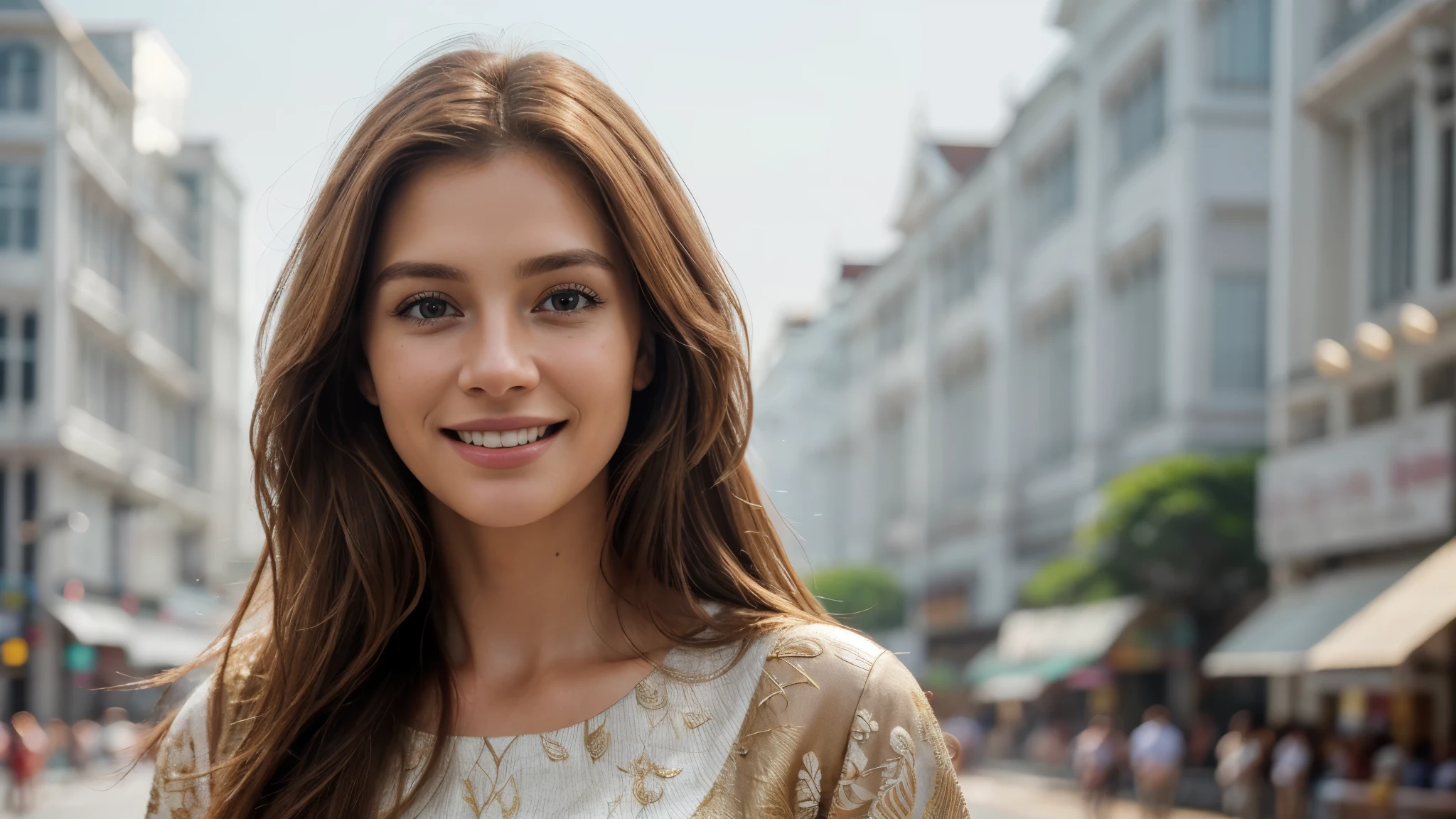 masterpiece, Best Quality, Photorealistic, Ultra-detailed, finely detailed, High resolution, 8K Wallpaper, 1 beautiful woman, light brown hair, sharp focus, Perfect dynamic composition, Beautiful detailed eyes, detailed hairs, Detailed realistic skin texture, Smiling, portrait, Model body type, Take a walk in Bangkok city,