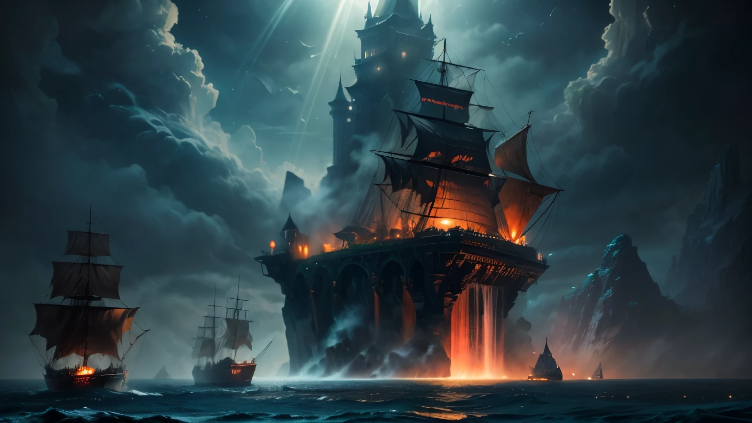 5 Pirate ships in middle of ocean , detailed, unreal 5 render, rhads, sargent and leyendecker, savrasov levitan polenov, bruce pennington, studio ghibli, tim hildebrandt, digital art, landscape painting, octane render, beautiful composition, trending on artstation, award winning photograph, masterpiece, seekart style, (dreamlikeart:1.2). mdjrny-v4 style. A chaotic ocean where magical medieval ships with several masts battle, cannons firing with flames erupting. Above them, a gigantic magical castle, surrounded by shimmering magical rays in bluish-green hues, floats above ocean in the distance. The castle, flat above the ocean  and looks like disk-shaped, is topped with a large defensive castle with very tall, spire-like towers. A waterfall cascades from the rock's drop to the ocean, with streams of water falling from its edges. The scene suggests the rock has just risen from the ocean depths, now suspended high in the air against a dark red sky, dripping with water.
