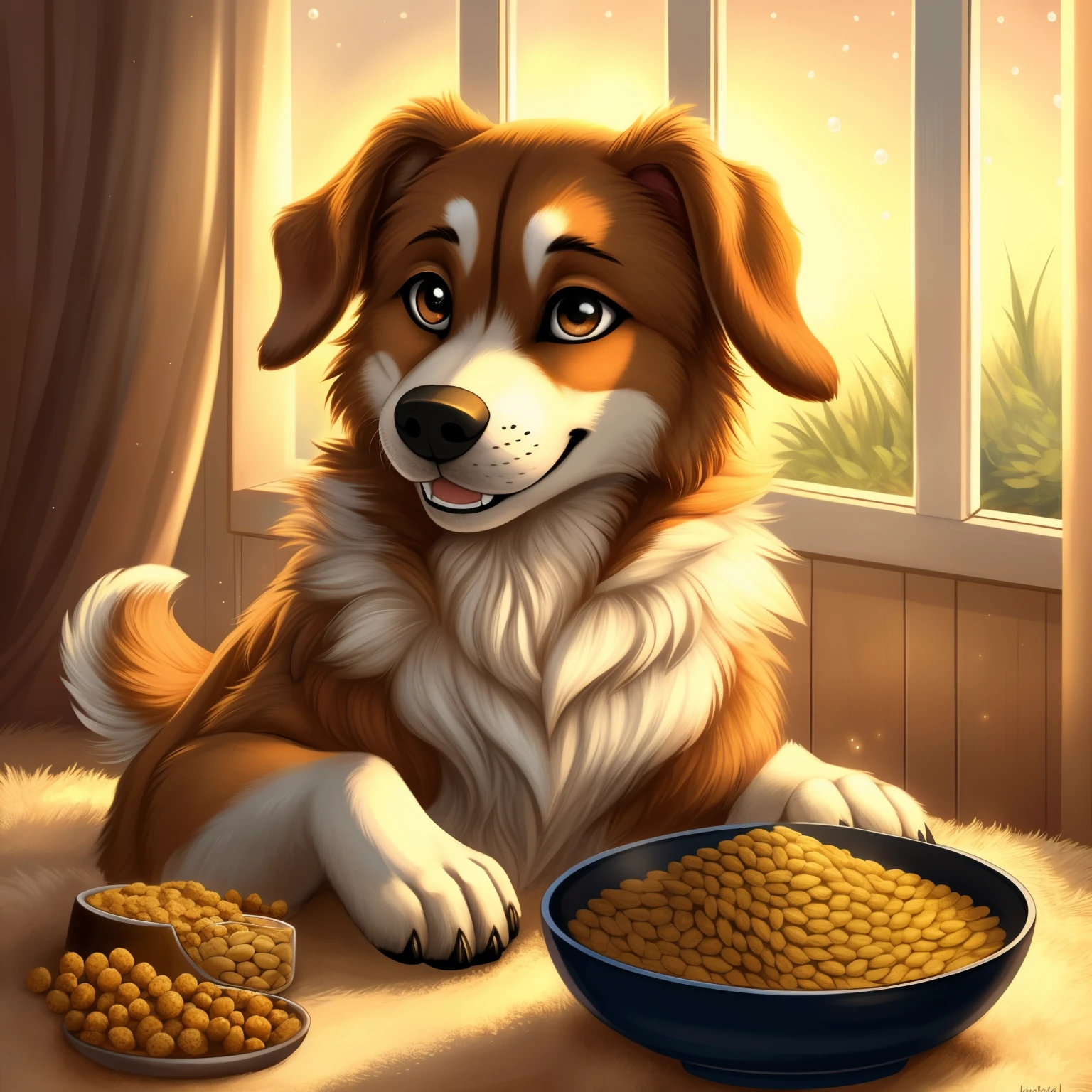 Ultra detailed, a captivating and exquisite full-size portrait of a playful bow wow anthro dog, eagerly sniffing and examining a bowl of premium dogfood. Intricately textured fur coat, expressive and bright eyes, floppy ears, and a wagging tail for added delight. The mouth is slightly open, revealing happy and satisfied canine teeth. The scene is set in a cozy home environment, with a warm-toned and inviting background. The dog food in the bowl radiates an enticing and appetizing glow, surrounded by a scattering of golden kibble and droplets of water. The setting is lit by soft, natural light streaming in