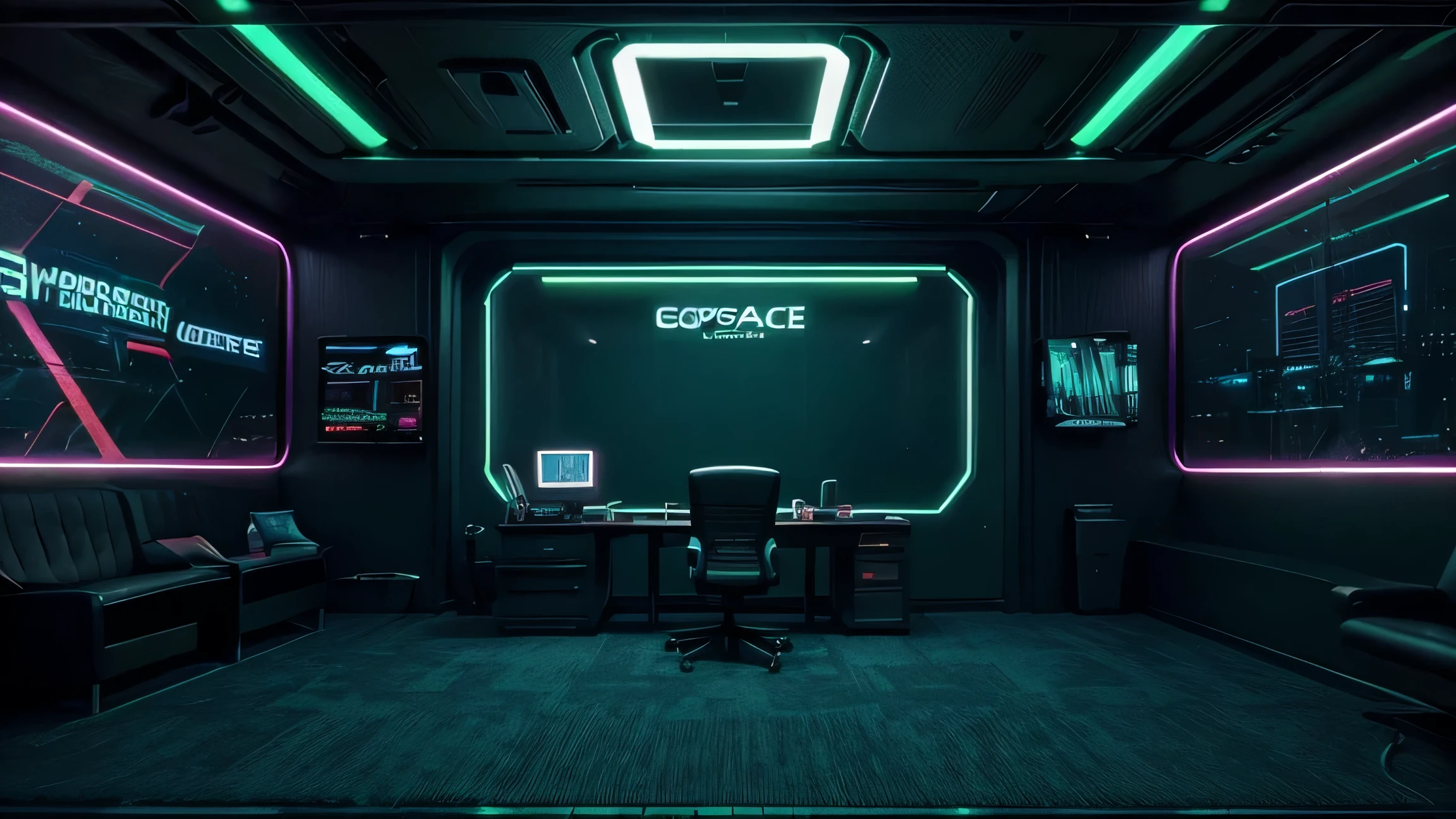 make a photo background that looks like a zoom background image or green screen backdrop of a high tech office for a company called 'gospace', include synthwave style architecture like blade runner, have a 'gospace' company logo on the wall
