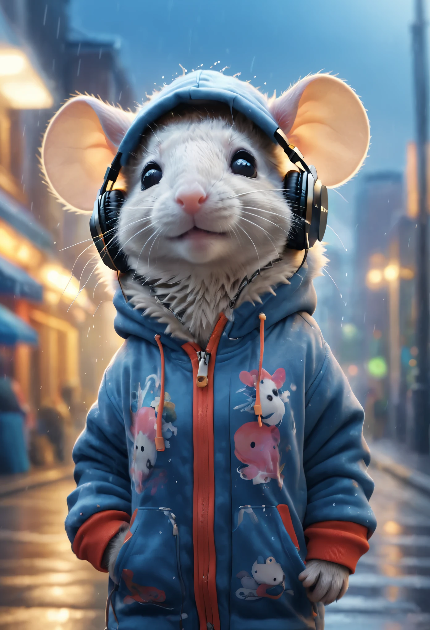 Cute  rat baby with fluffy fur wearing urban outfit, one hoodie and headphones, The background is modern and inorganic, Adorable Digital Painting, 3d rendered, Bright lighting, Vibrant colors,  outside and raining