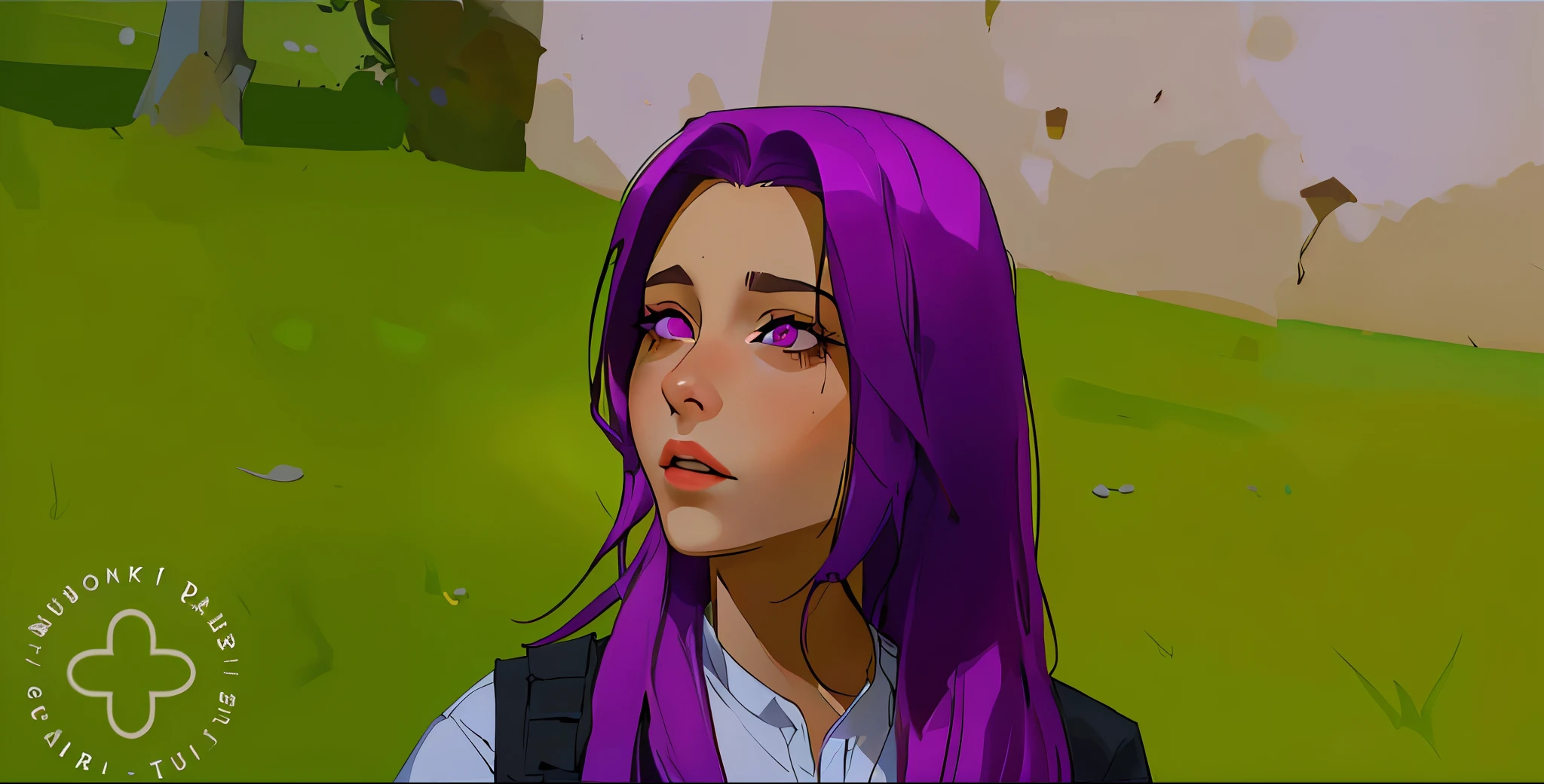linda chica de cabello morado ojos morados le habla a alguien