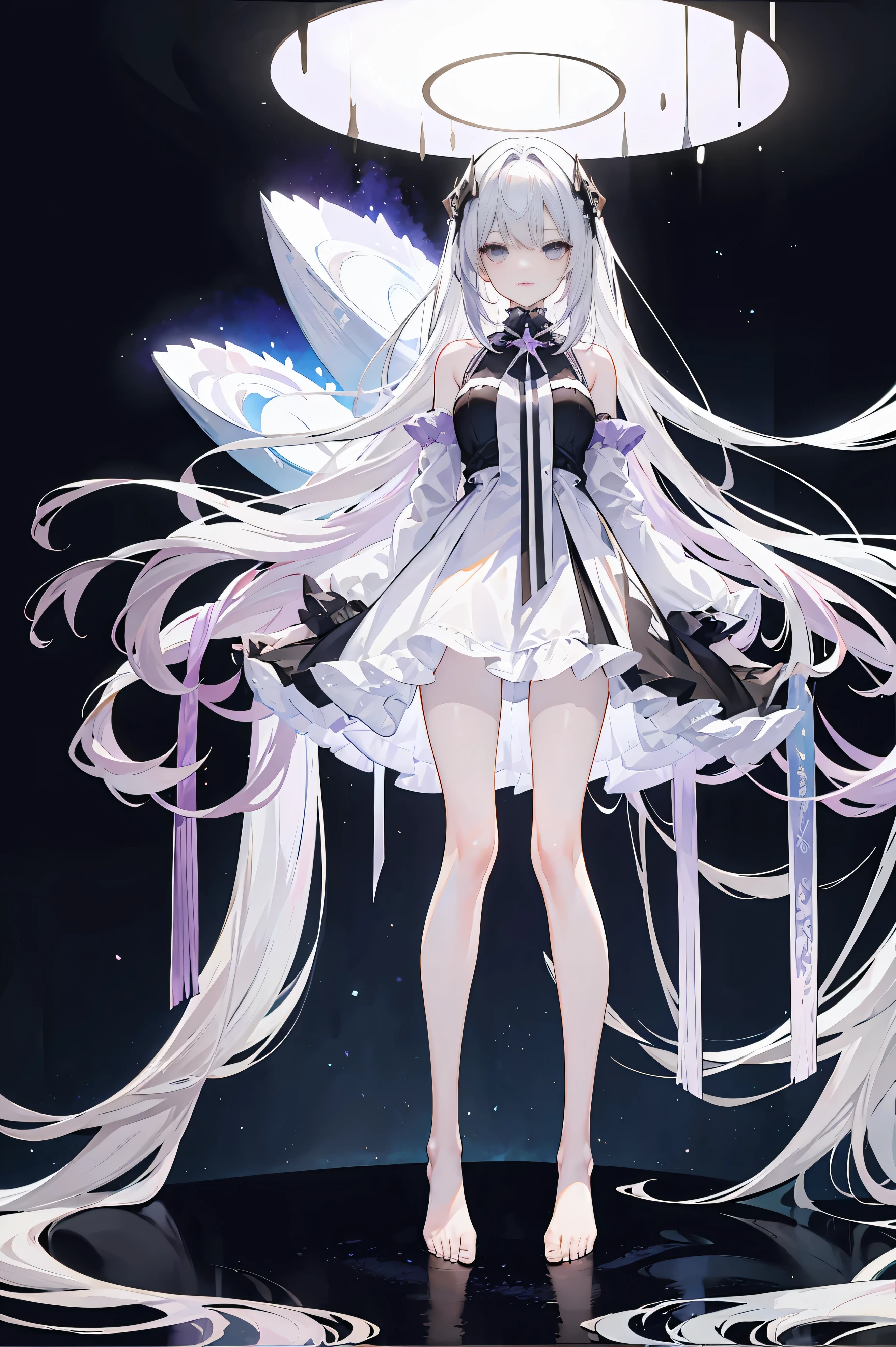 Lilac gradient hair,asymmetrical hair,（（Hair is very thick 1.8，Well-defined head 1.6））， hair past shoulders, messy hair, very long hair, shiny hair，(long gray hair:1.2),a beautiful girl，（Luxury Platinum Mini Ultra Short Platinum Lolita，Made of transparent material），（Transparent clothes transparent 1.8），Perfect body，big thin legs，slim，(looks sad，Looking haggard ，sad，shut your mouth：1.2） Against the backdrop of an unusually bright dark starry sky，（Put your hands behind your back），（round,Room, firm breasts），barefoot，float，water surface，（long legs，long legs，long legs，Gestalt），full-body shot。standing posture