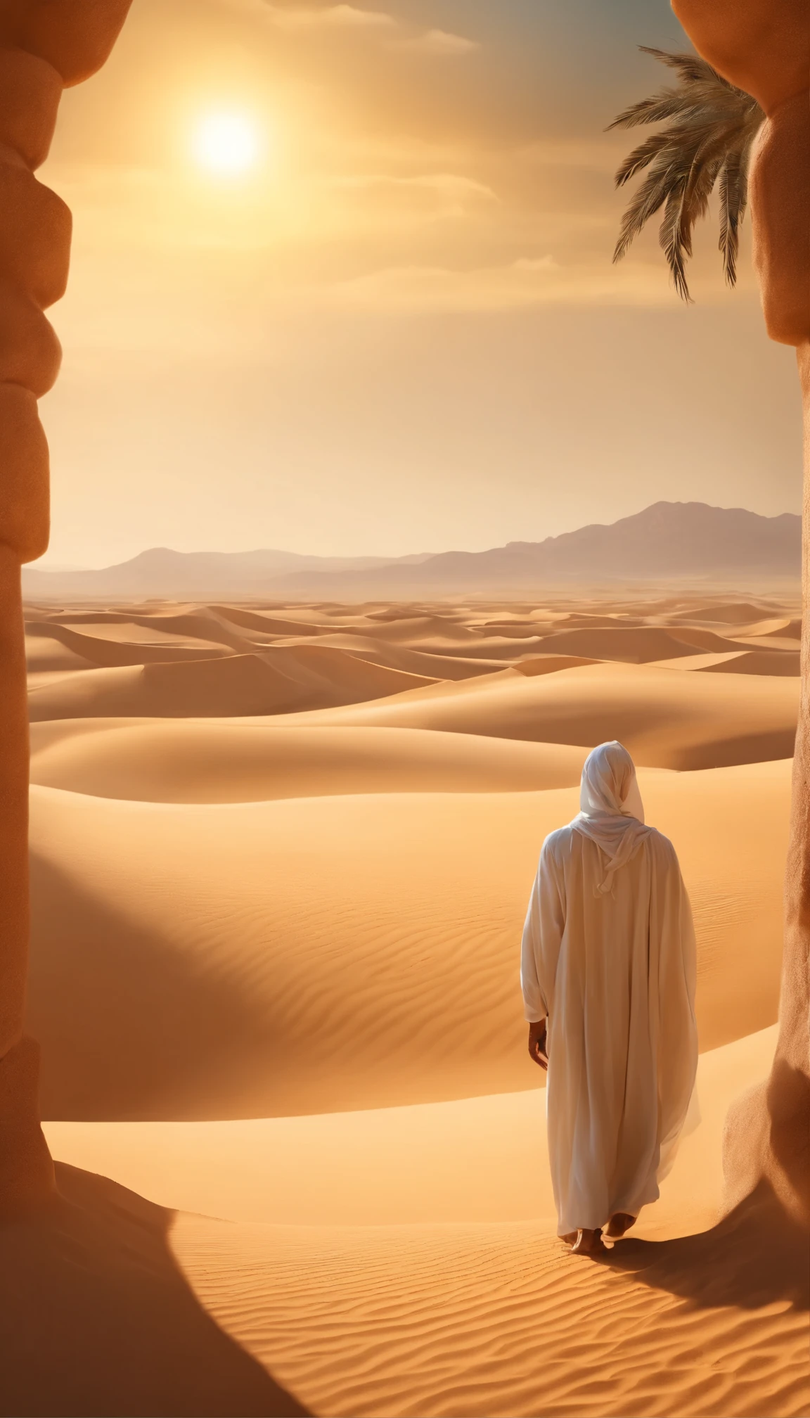 Yellow sand in the sky,The bottom is a vast desert, oasis in the desert,rear view of an african man dressed in a white robe , digital landscape art, detailed scenery - width 672, arte de paisagem, environment design illustration, detailed scenery art, oasis in the desert landscape, arte conceitual, Arte digital altamente detalhada em 4k, pintura digital 4k, pintura digital 4k, stunning digital illustration, Fundo do deserto, arte conceitual de pintura digital, pintura digital detalhada