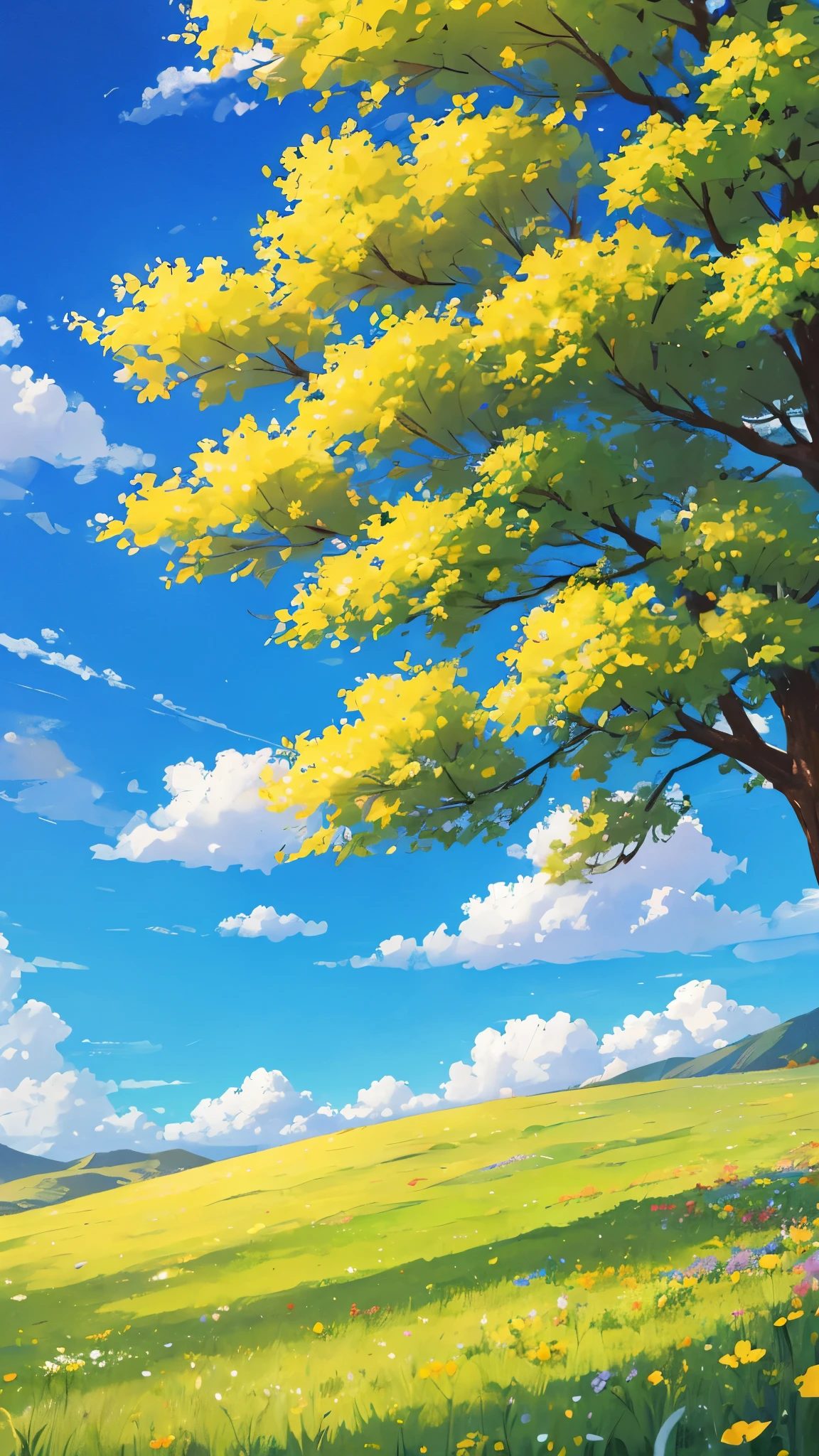 A grassy field with small flower, cloudy and sunny sky .