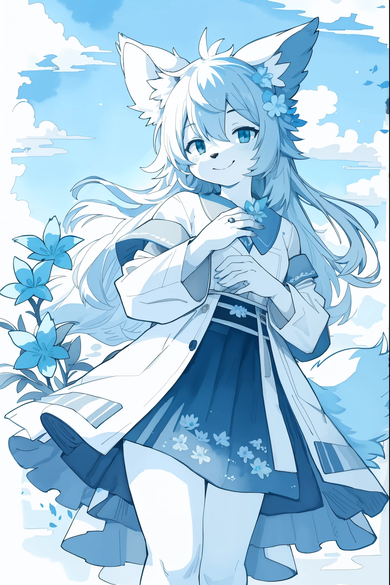 monochrome, watercolor, highres, top quality, best quality, paid reward available, High-quality illustrations, unparalleled masterpiece, perfect artwork, absurdres, 1girl, kemono, furry, detailed body fur, animal face, animal hand, Archaic Smile, holding a cluster of sky blue flower in both hands, which are positioned at chest level, She is wearing a simple ring on the ring finger of her left hand, unfocused spread of sky blue flower, fan-created work shared on platforms Pixiv or Twitter,