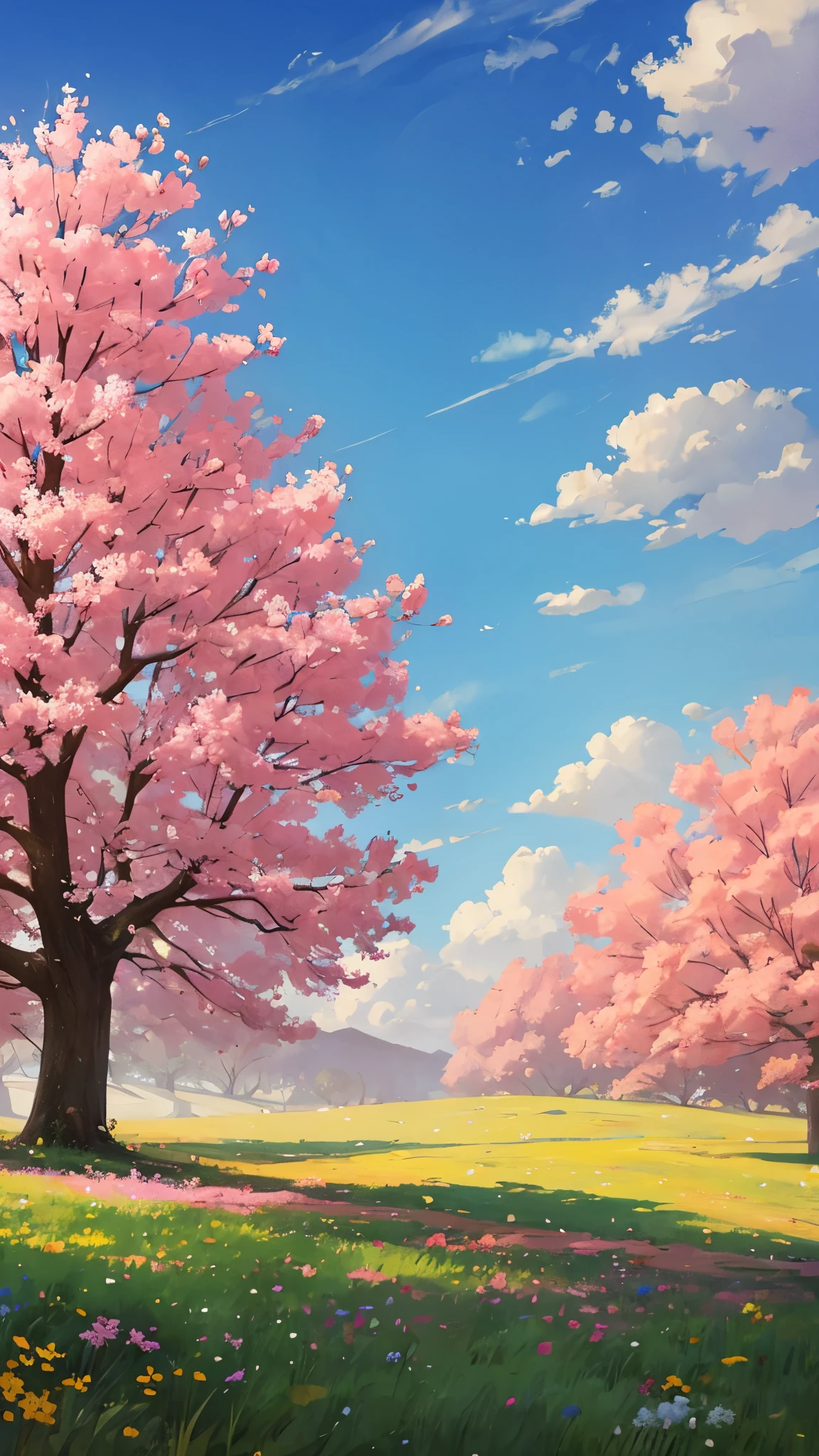 A grassy field with small flower in the middle a beautiful big tree, cloudy and sunny sky .