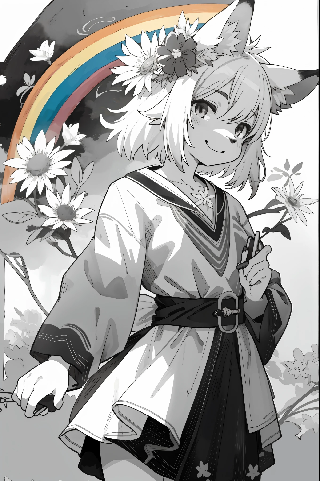 monochrome, watercolor, highres, top quality, best quality, paid reward available, High-quality illustrations, unparalleled masterpiece, perfect artwork, absurdres, 1girl, kemono, furry, detailed body fur, animal face, animal hand, Archaic Smile, holding a cluster of Rainbow flower in both hands, which are positioned at chest level, She is wearing a simple ring on the ring finger of her left hand, unfocused spread of Rainbow flower, fan-created work shared on platforms Pixiv or Twitter,
