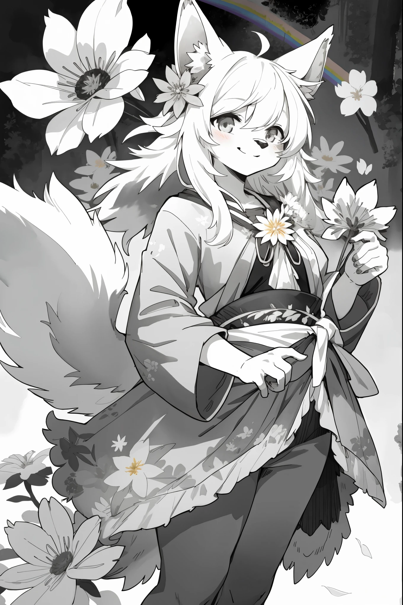 monochrome, watercolor, highres, top quality, best quality, paid reward available, High-quality illustrations, unparalleled masterpiece, perfect artwork, absurdres, 1girl, kemono, furry, detailed body fur, animal face, animal hand, Archaic Smile, holding a cluster of Rainbow flower in both hands, which are positioned at chest level, She is wearing a simple ring on the ring finger of her left hand, unfocused spread of Rainbow flower, fan-created work shared on platforms Pixiv or Twitter,