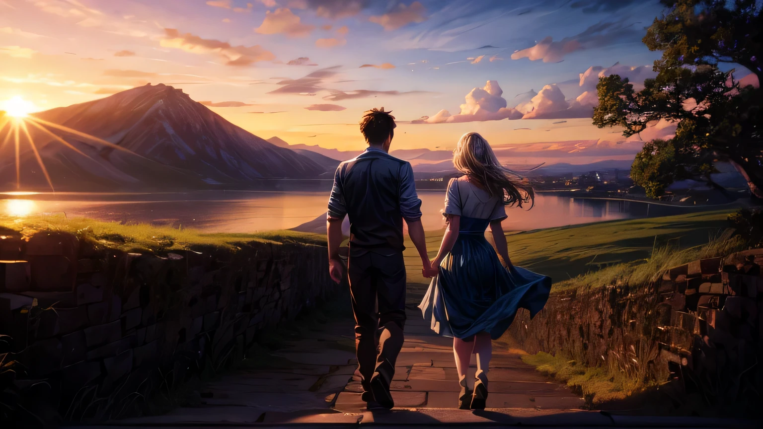 1boy leaving his girl, 1girl leaving boy, beautiful scene, emotional scene, sunset, beautiful landscape, 8k, highly detailed, cinematic, sad scene, add_detail:1