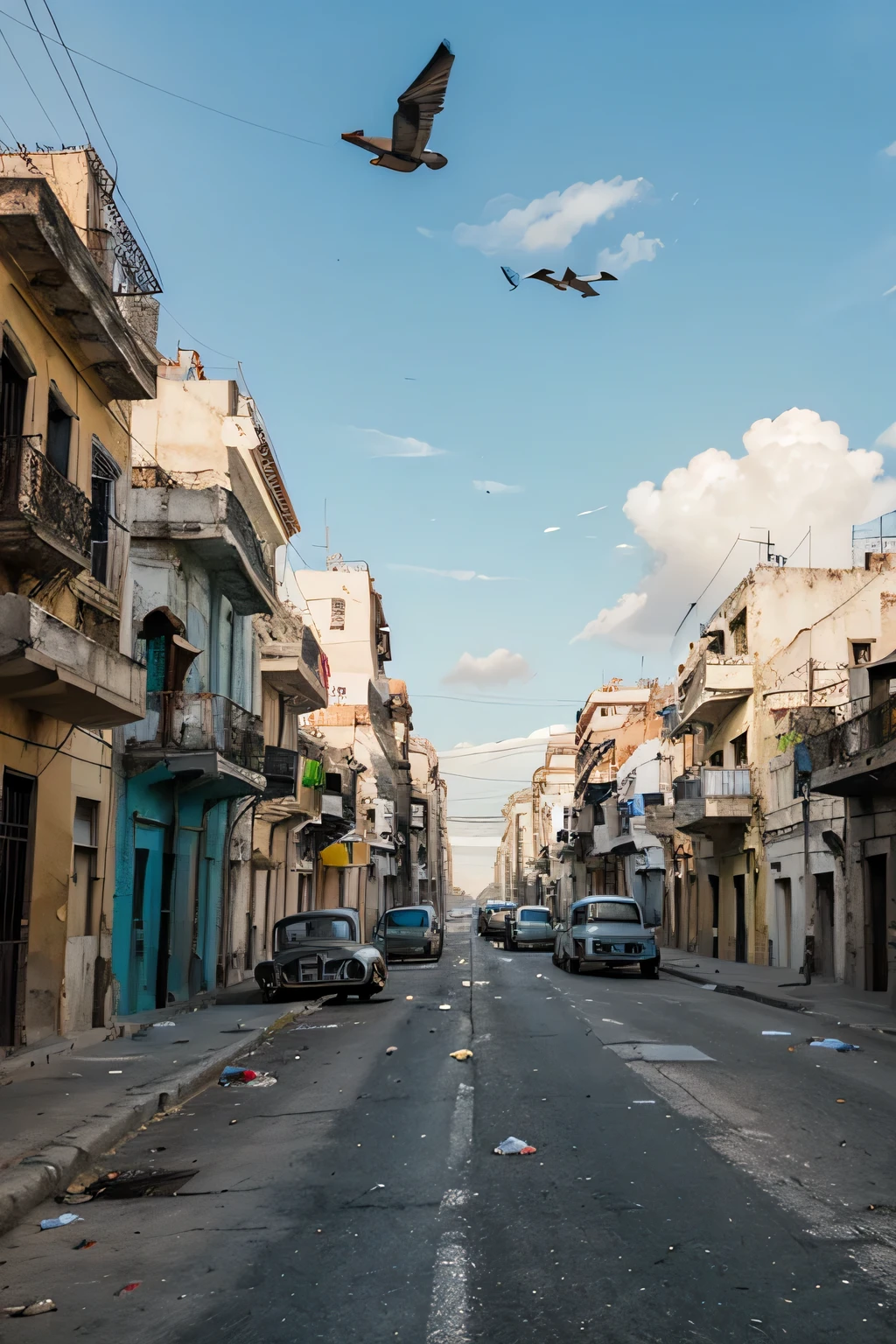 Rua em Havana com muito lixo voando no ar, rua deserta em Havana, casas em Havana, rua em perspectiva com profundidade, Rua de Havana com carros abandonados