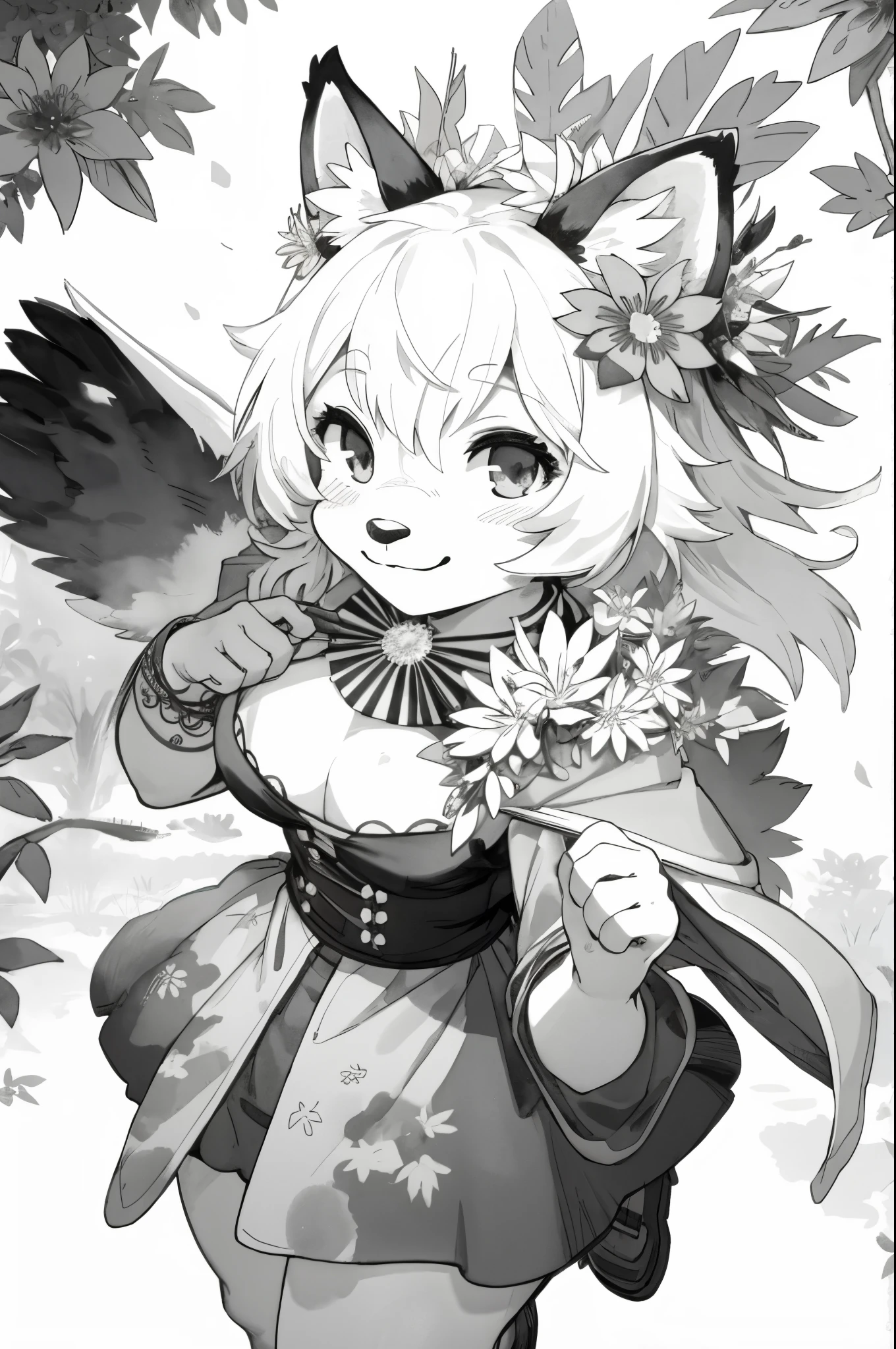 monochrome, watercolor, highres, top quality, best quality, paid reward available, High-quality illustrations, unparalleled masterpiece, perfect artwork, absurdres, 1girl, kemono, furry, detailed body fur, animal face, animal hand, Archaic Smile, holding a cluster of Rainbow flower in both hands, which are positioned at chest level, She is wearing a simple ring on the ring finger of her left hand, unfocused spread of Rainbow flower, fan-created work shared on platforms Pixiv or Twitter,