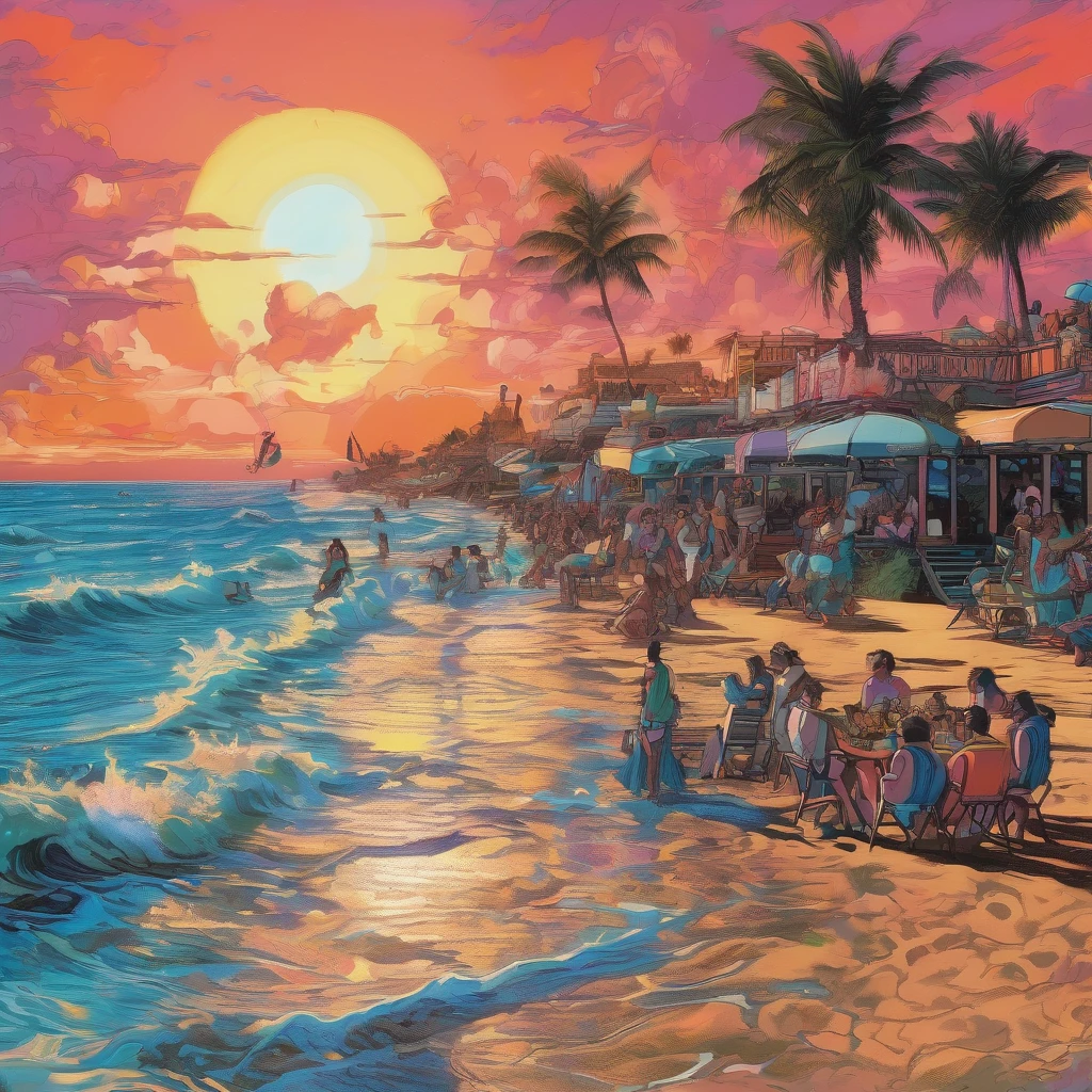beach parties, aesthetic, extremely detailed, Exquisite, lively, Illustration, mid shot, Beach , joyful, dancing, sandy beach, clear blue sky, sparkling ocean, warm sunlight, dynamic lighting, bright colors, oil painting, watercolors, ink, vivid, contrast, retro-futuristic, Lo-Fi, dreamcore, Fujifilm, cinematic, Olivia Harrison, Brian Bolland, Jae Lee, (best quality, 4k, 8k, highres, masterpiece:1.2), ultra-detailed, (realistic, photorealistic, photo-realistic:1.37), HDR, UHD, studio lighting, extreme detail description, professional, vivid colors, bokeh, beach, portraits, landscape