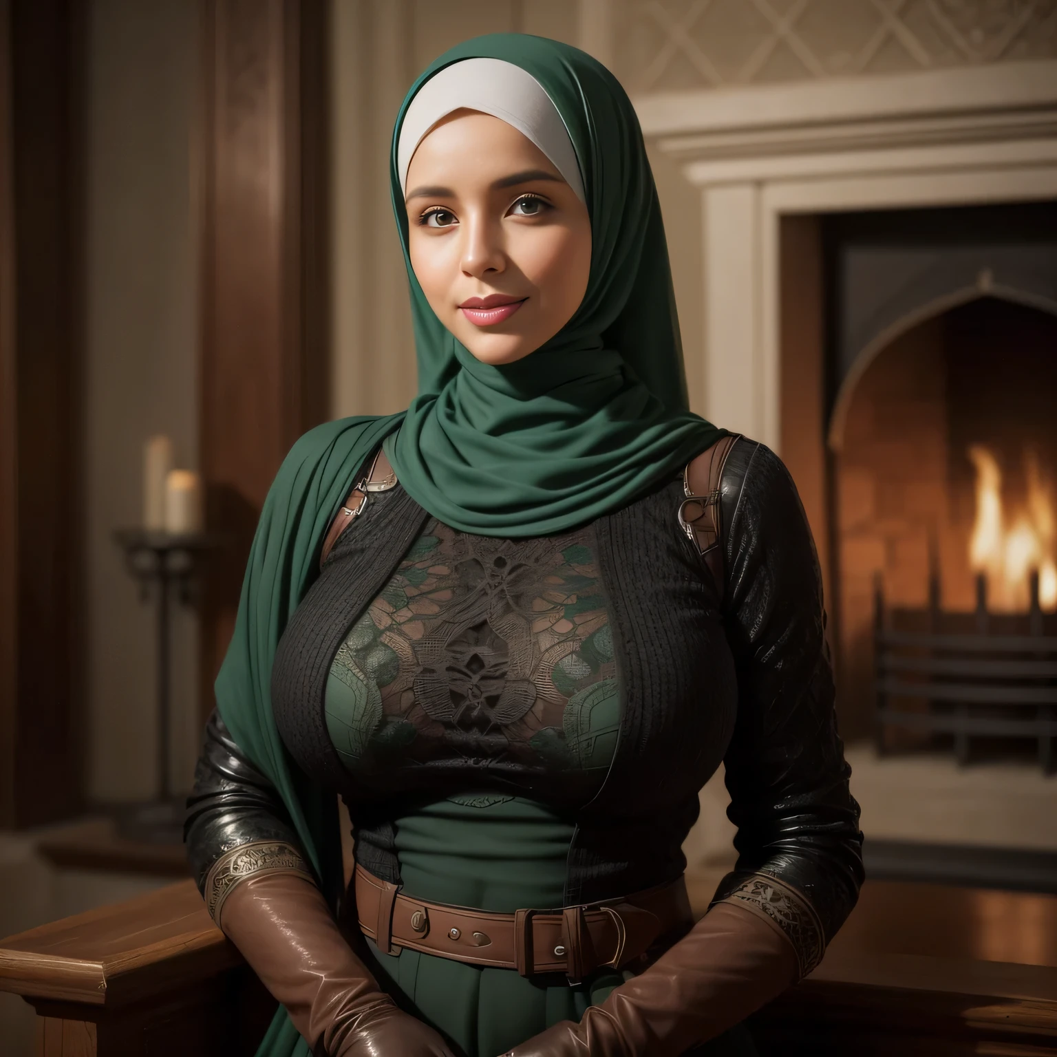 Dee768, wide shot, smile, hijab, big breasts all covered, turtleneck, leather green clothes and gloves, Tangier, fireplace, detailed eyes, photography, trending on artstation, sharpness, studio photography, intricate details, highly detailed, Tangier in background, by Greg Rutkowski