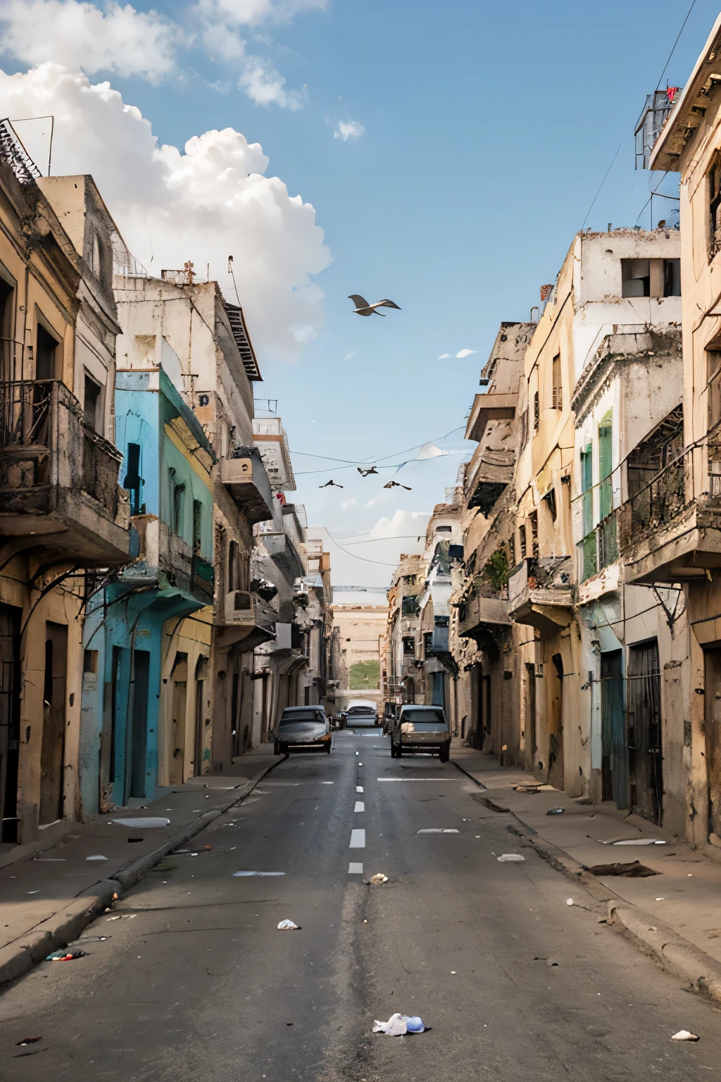 Rua em Havana com muito lixo voando no ar, rua deserta em Havana, casas em Havana, rua em perspectiva com profundidade, Rua de Havana com carros abandonados