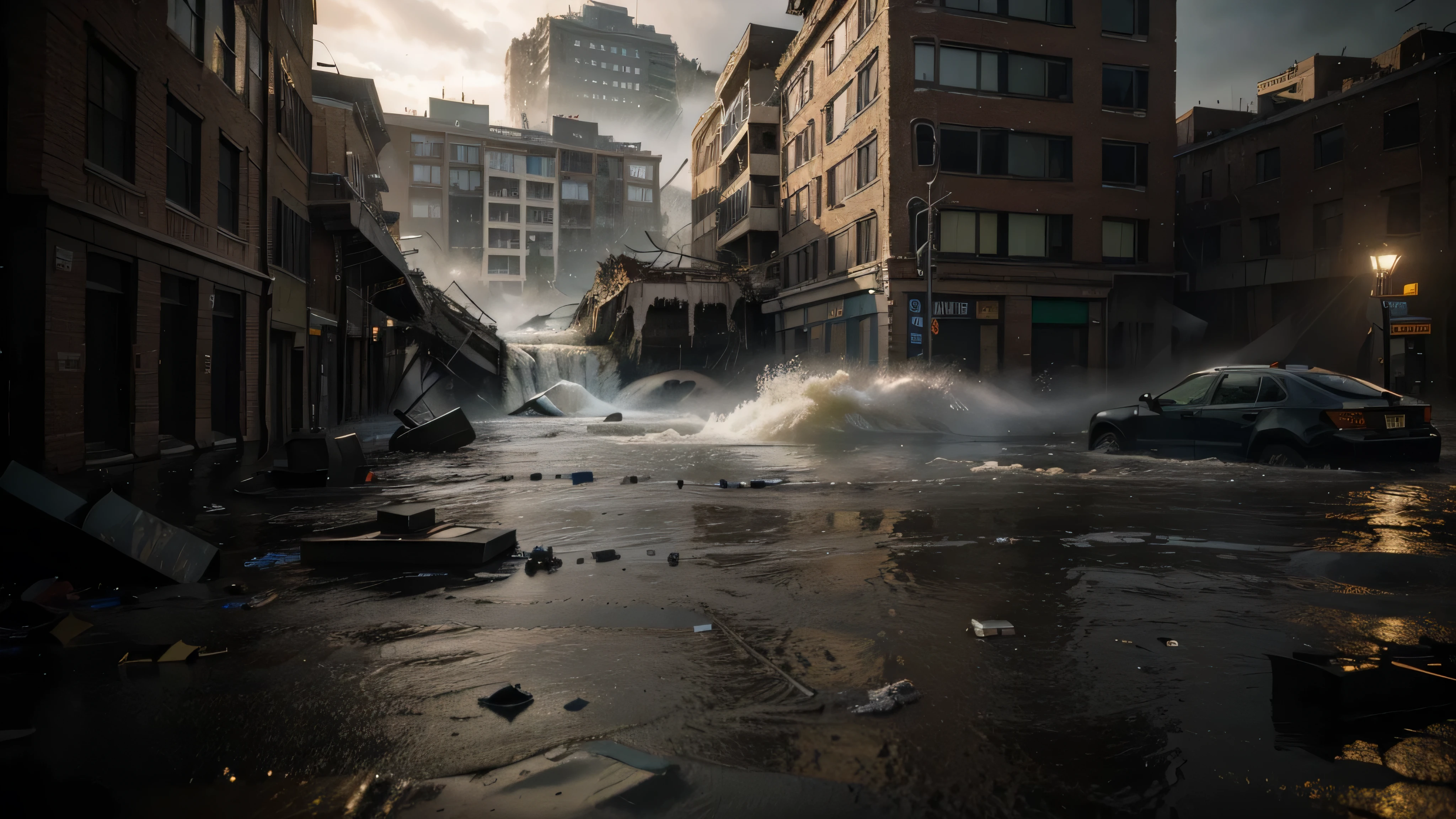 (Shot in 8K, Raw-Photo, best quality, masterpiece:1.2), A stunning photo of a city submerged in a catastrophic flood, capturing the raw power of nature's fury. The image depicts the aftermath of a torrential downpour, with water gushing through the streets and buildings partially submerged. The composition is meticulously framed, highlighting the chaos and devastation caused by the deluge. The intricate details of the submerged architecture, water cascading down walls, and floating debris add to the realism and sense of awe. The high-resolution captures every nuance and texture, immersing the viewer in the scene. The cinematic quality of the image is enhanced by the theatrical lighting, emphasizing the dramatic contrast between light and dark