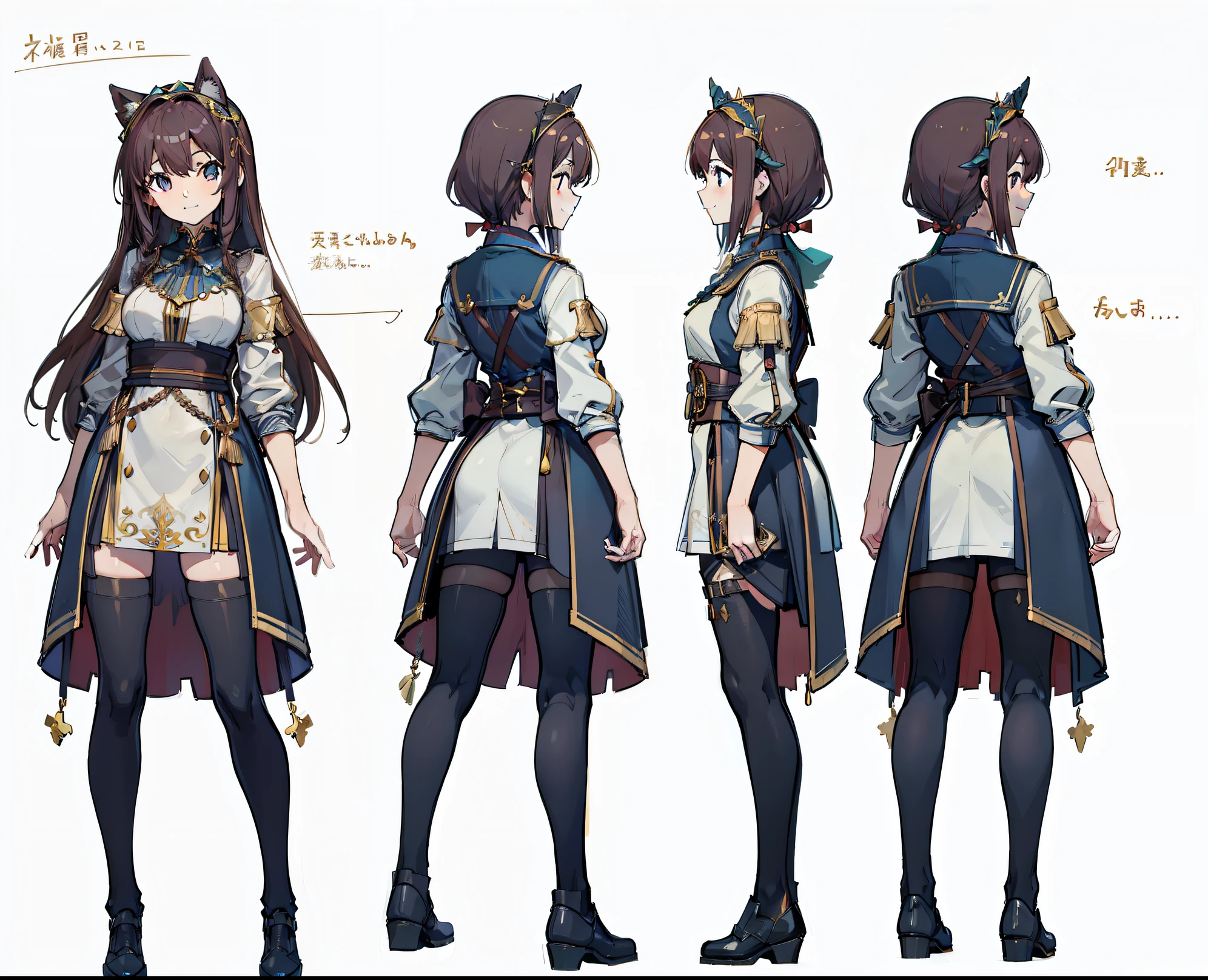1 girl, Reference sheet, matching outfit, (fantasy character design, front angle, side angle, rear angle) young woman, gentle smile, expressive eyes, chestnut hair, gentle waves, Simple yet elegant clothing, a friendly and approachable demeanor, Hands show signs of hard work, Modest charm. (masterpiece:1.2), (highest quality:1.3)