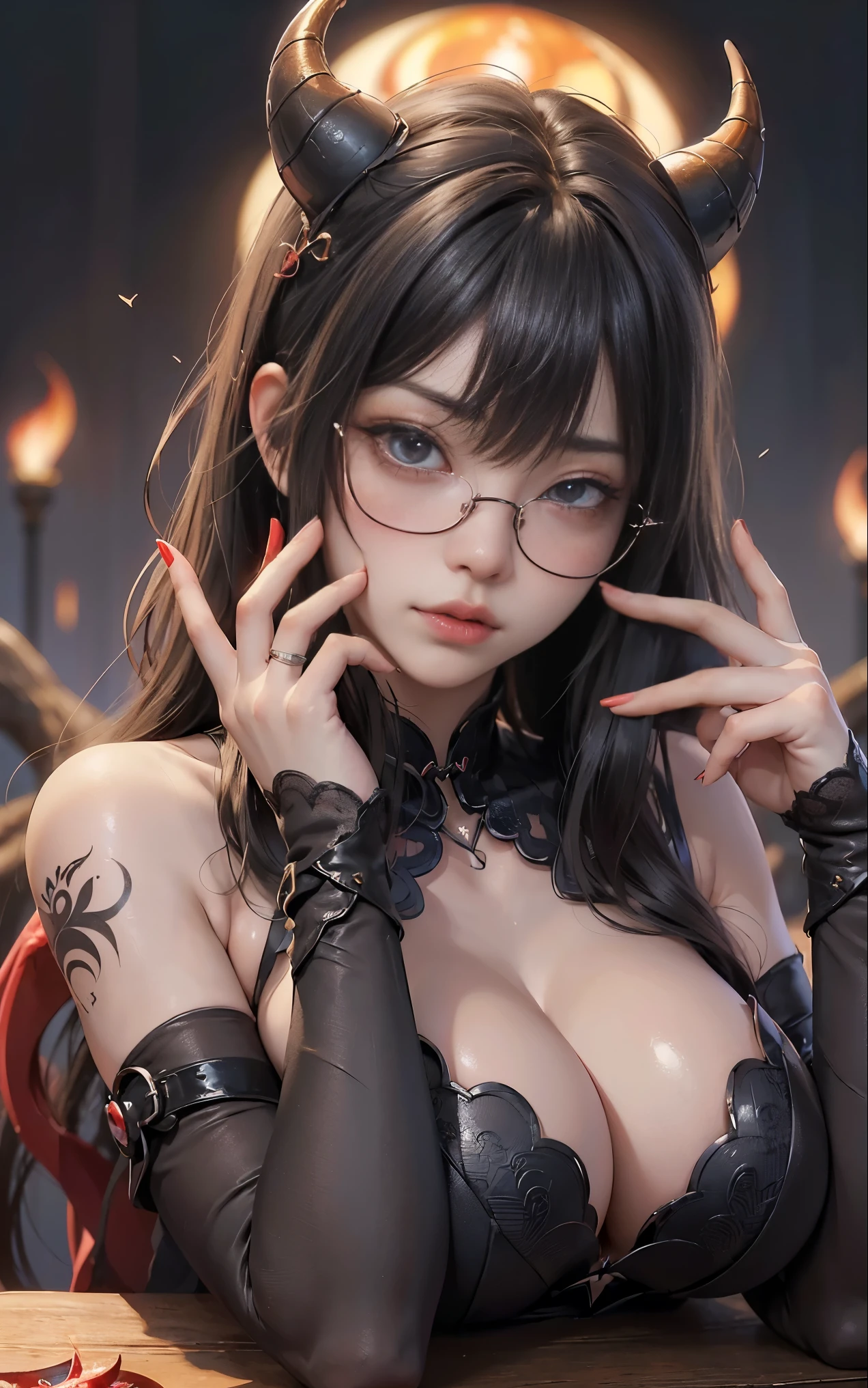 Understoodですかですか、(best illustrations)、8k UHD resolution、intricate details、highest quality、realistic、Super detailed、best lighting、best shadow、soft lighting、ultra hd、超realistic、Tyndall effect、Photoreal、(high detail skin:1.2)、 (intricate details, compensate, face to face with the children_v1:0.5), (Understood, beautiful and delicate face, Understoodですか, beautiful and delicate eyes, perfectly proportioned face, high resolution skins, fine skin, Optimal ratio of 4 fingers and 1 thumb, arm under chest, red tattoo on lower abdomen、Wow wow, wide hips, smooth abdomen, thin and thin skin, __fashion__, __hair__:1.25)、Digital single-lens reflex camera、 absurd、(table top: 1.3), (maximum resolution: 1.2), (ultra hdTV: 1.2), cinematic light, fine eyes and skin, detailed facial features, , (sharp focus: 1.2), (focus on the face:1.2),perfect style, beautiful face, acura, anatomically correct, Highly detailed face and skin texture, fine eyes, double eyelid, thin eyebrows, glitter eyeliner: 1 natural cheeks, Glossy skin, Fair skin: 1.2, (glossy lips: 1.4),(embarrassed look: 1.2),Highly detailed face and skin texture, fine eyes, double eyelid, natural cheeks, glossy lips: 1.4,exposed cleavage、Bewitching。charm、 Beautiful devil woman from hell, デヴィッド・ホックニーとアルフォンス・ミュシャによる超realistic女性の肖像画, charm女性の肖像画、fantasy art, Chinese humanoid robot、chinese actress、dungeon、dragon、devil'palace of、devil'torture chamber、night、dark style 、in the dark、(detailed spooky background:0.8), magic、 1 girl、evil nun、dark necromancer、Succubus、devil'Daughter of、Shinonome Umi、bat wings,(((devil'Horn)))、 ((((giant glasses, otaku glasses, thick glasses, round glasses)))),(((big breasts)))、(devil'tail)、(red eyesは光り輝いて:1.6)、red eyesは非常に鮮明で詳細です, your eyes are so beautifully made, ((red eyes:1.0)),intricate tattoo, demonic intricate tattoo, thigh tattoo, body tattoo, masterpiece、最もbeautiful face、baby face、cute smile、beautiful plump red lips、筋肉のcharm体、devilのcharm体、devil style、charmブラックマジックコスチューム、The long-haired、Braid、Black hair、Ponytail distortion、, Ponytail with a bow tied at the back of the hair, beautiful expression、body up、big breasts強調、bust, super tight chest, Breast augmentation surgery, Breasts are very big and round,tight waist、wide ass、 secret key, cowboy lens, (black phoenix dress: 1.0), devil crown, Red Gemstone Necklace、Jewelry G Wise, Please wear black mesh socks,wearing light red、nffsw, nffsw, Meeting beautiful girls, look at the girl'Main body,