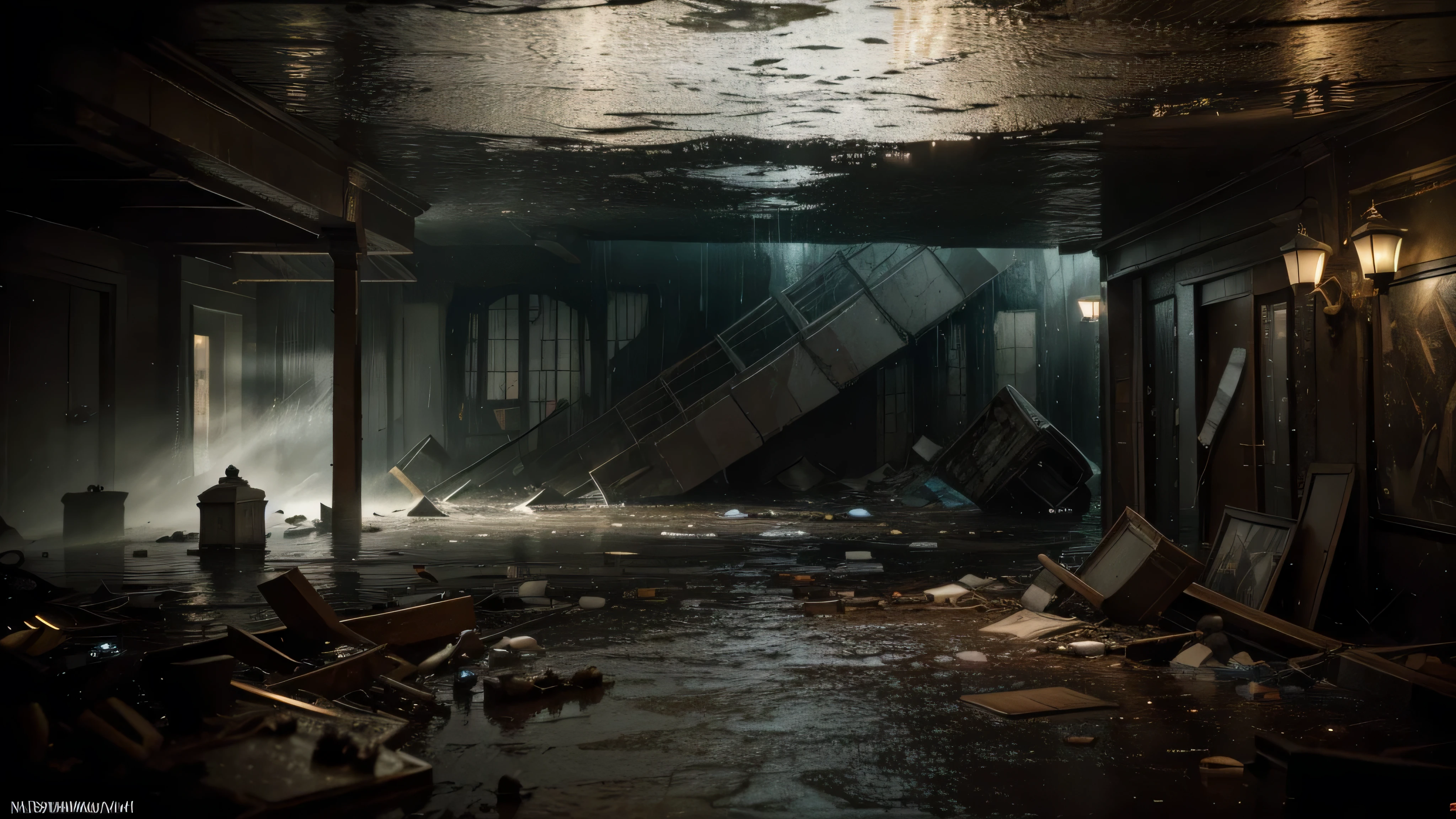 (Shot in 8K, Raw-Photo, best quality, masterpiece:1.2), A stunning photo of a city submerged in a catastrophic flood, capturing the raw power of nature's fury. The image depicts the aftermath of a torrential downpour, with water gushing through the streets and buildings partially submerged. The composition is meticulously framed, highlighting the chaos and devastation caused by the deluge. The intricate details of the submerged architecture, water cascading down walls, and floating debris add to the realism and sense of awe. The high-resolution captures every nuance and texture, immersing the viewer in the scene. The cinematic quality of the image is enhanced by the theatrical lighting, emphasizing the dramatic contrast between light and dark