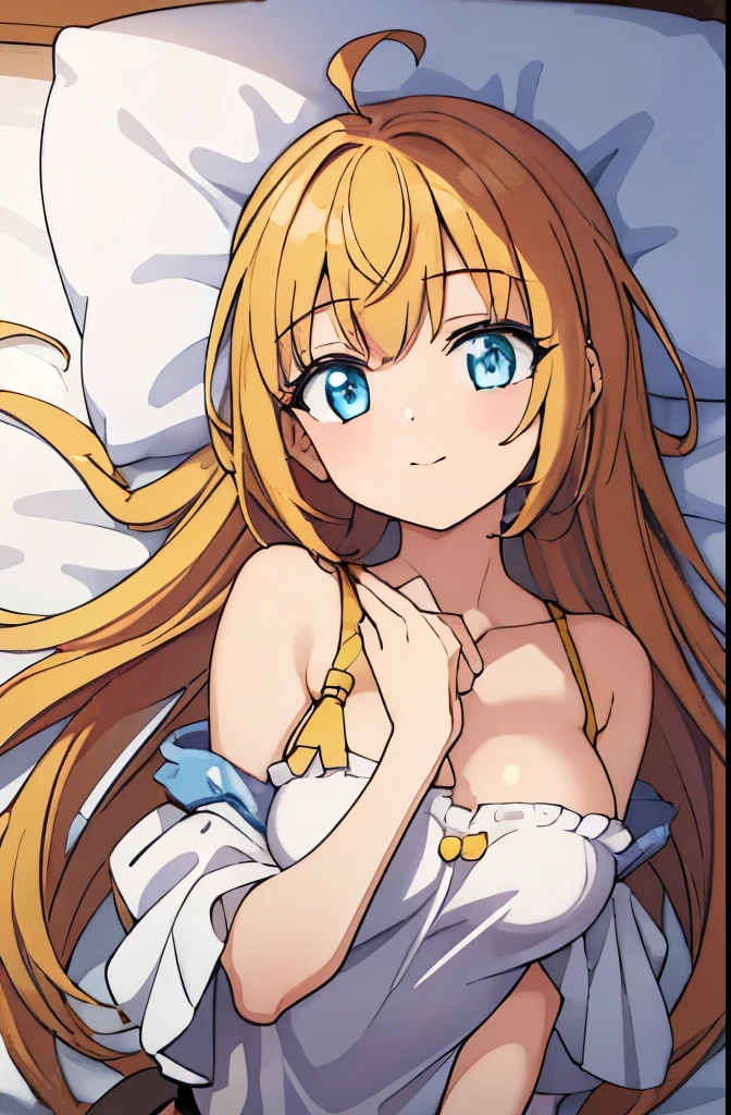 ((muste piece)), ((best quality)), (Super detailed), anime style etc.,peeing on the bed, pretty girl, 1 girl, solo, ((beautiful eyes)), shy smile, small breast,