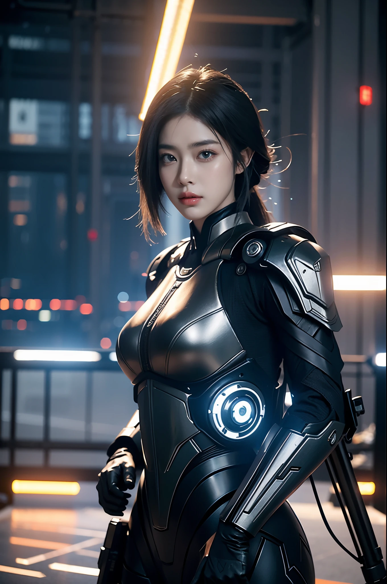 game art,best picture quality,Highest resolution,8k,((A half-length photo)),((portrait)),(rule of thirds),Unreal Engine 5 rendering works, (Future girl),(female warrior), 22-year-old young hacker),(ancient oriental hairstyle),(Beautiful eyes full of details),(big breasts),(eye shadow),Elegant and charming,indifferent,((frown)),(Combat suit full of futuristic technology,The costume combines futuristic power armor and,Clothing is decorated with glittering patterns and emblems),cyberpunk characters,in the style of futuristic, photo poses,city background,lamp,Ray tracing,Game CG,((3D Unreal Engine)),OC rendering reflection pattern