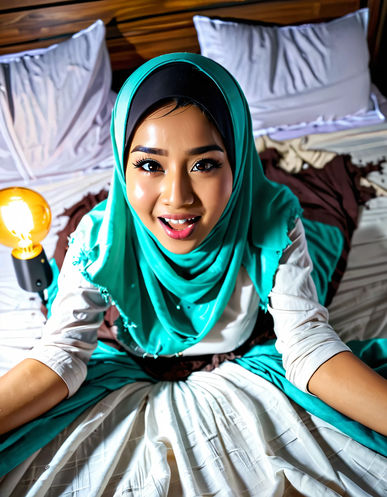 wide angle, top view, beautiful indonesian girl, happy face, messy hijab, messy cloth, lying in bed, open mouth, torn face, messy bed, night, bright lamp light.