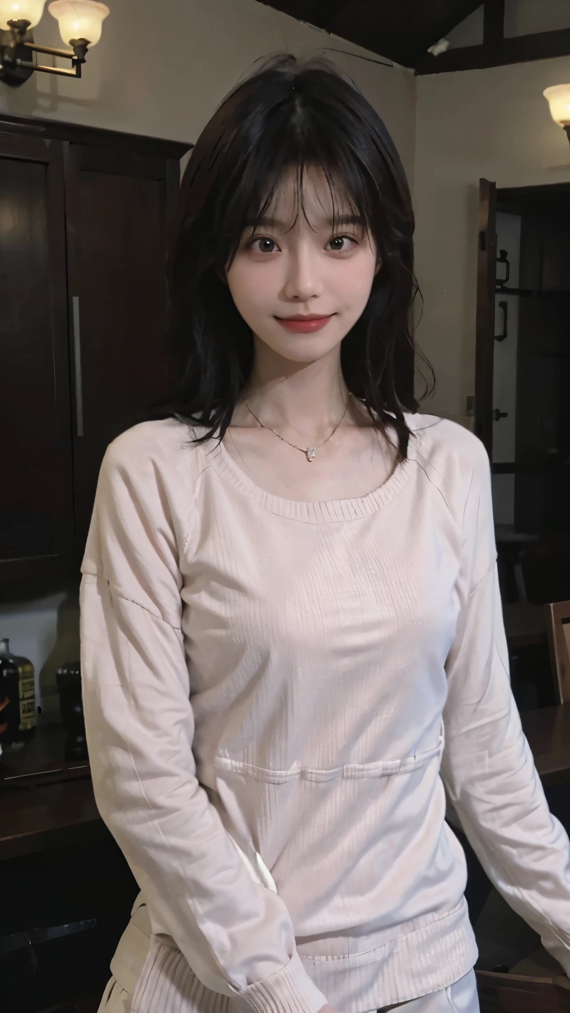 best quality， ultra high resolution， （realistically：1.4），cute hairpin，Baoyu Girl，1 girl, Beautiful woman with slim figure:1.4, abdominal muscles:1.8, a brown haired one, Medium chest:1.3, pink long sweater:1.1, Chis,Super thin face，exquisite eyes，double eyelids，Smile，necklace