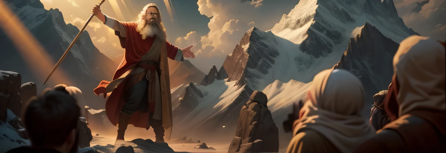 (best quality,4k,8k,highres,masterpiece:1.2),ultra-detailed,(realistic,photorealistic,photo-realistic:1.37),scene: Image of a biblical prophet summoning people on a hill,illustration,prophet summoning,large crowd of people,serious and determined expression,aged face with long flowing beard,clothed in a robe and a staff in his hand,dramatic lighting with rays of sunlight breaking through the clouds,breath-taking mountainous landscape as the backdrop,vivid and warm color tones,HDR,sharp focus,sacred atmosphere,ancient setting,prophet standing on a rock,strong and powerful gesture,people kneeling and reaching out their arms,wisdom and enlightenment,emotional and spiritual experience,awe and inspiration.