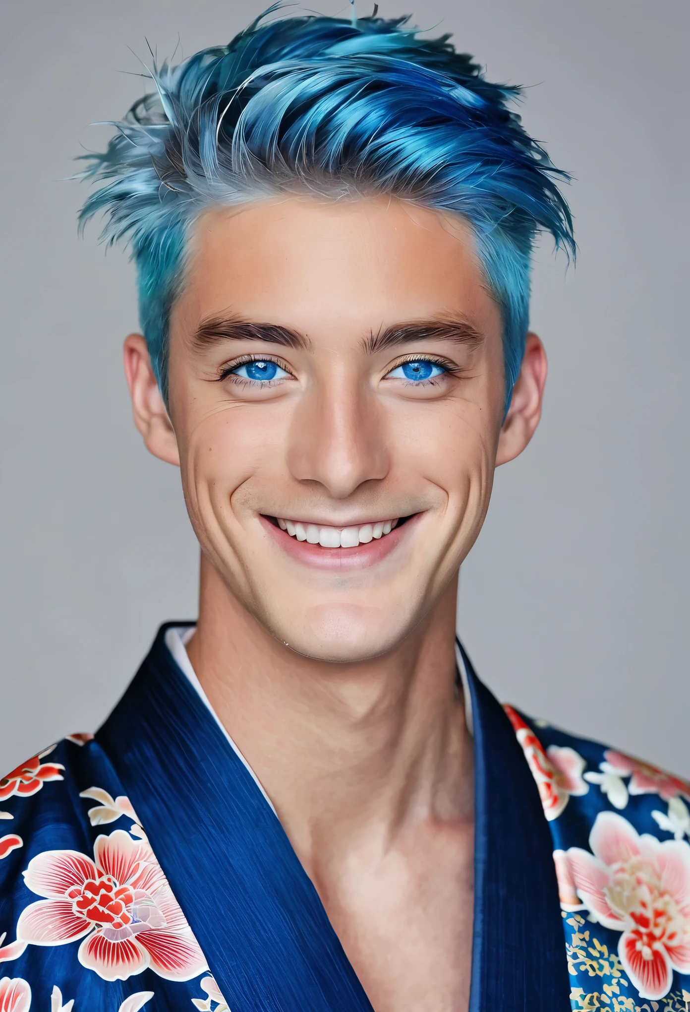Male Blue hair Smile Beautiful young man Blue eyes Wearing a kimono