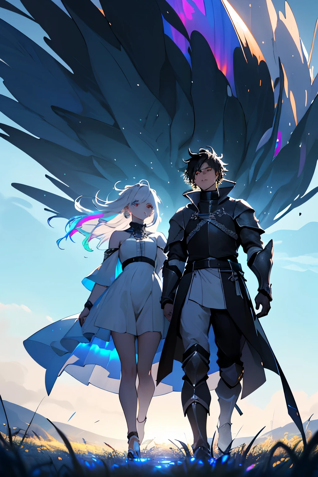 A female knight in black armor and black hair with blue eyes with a white haired woman wearing a simple white dress with red eyes.The one with black hair is taller. Both are in a salon together side by side, the one with black hair has slightly bright blue eyes and wants to protect the one with white hair. They are both women. A gentle breeze perfect body, full body, translucent clothes, scenery mistico, {extremely detailed 8k CG unit wallpaper}, expansive landscape photography, (a low view focusing on the character and setting), (wide open field view), (low angle shot), ( high light: 1.8), (low light: 1.2), (warm light source: 1.5), complex details, (iridescent colors: 1.6), (bright lighting), (atmospheric lighting), dreamy, magical