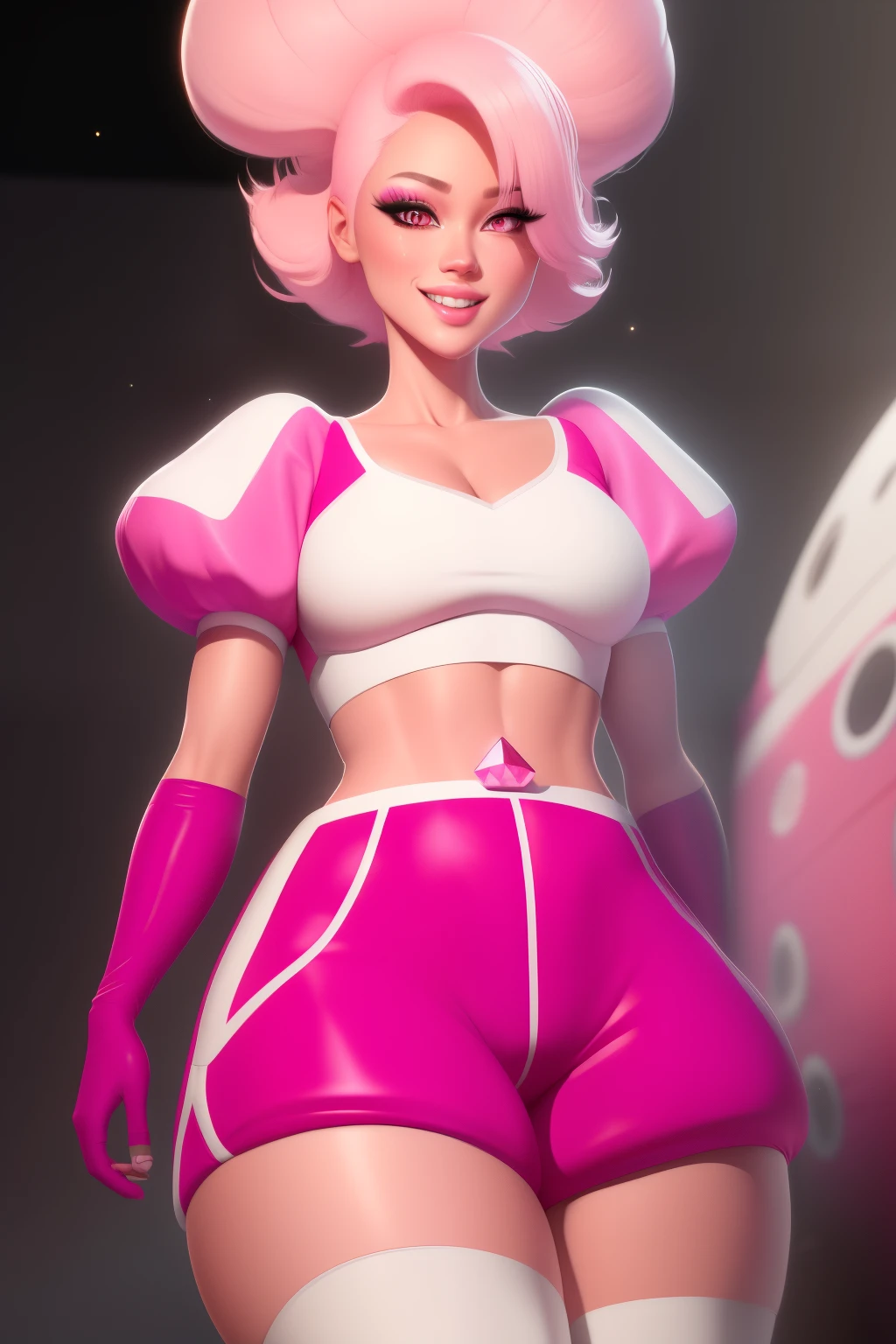 pnkdamond, pink hair, pink eyes, big hair, stomach gem, pink skin, toned,
puffy short sleeves, elbow gloves , white thighhighs, puffy dress,
standing, upper body,
outerspace,
(insanely detailed, beautiful detailed face,beautiful detailed eyes, masterpiece, best quality) cinematic lighting, smile,