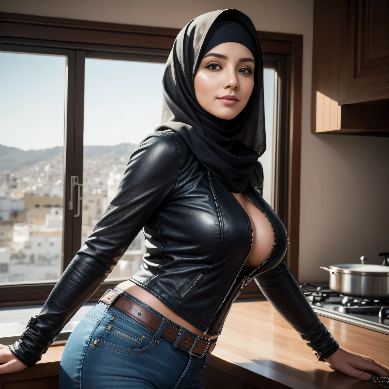 Dee768, portrait, smile, hijab, big breasts all covered, turtleneck, jeans and leather jacket, Tangier, in kitchen, detailed eyes, photography, trending on artstation, sharpness, studio photography, intricate details, highly detailed, Tangier in background, by Greg Rutkowski